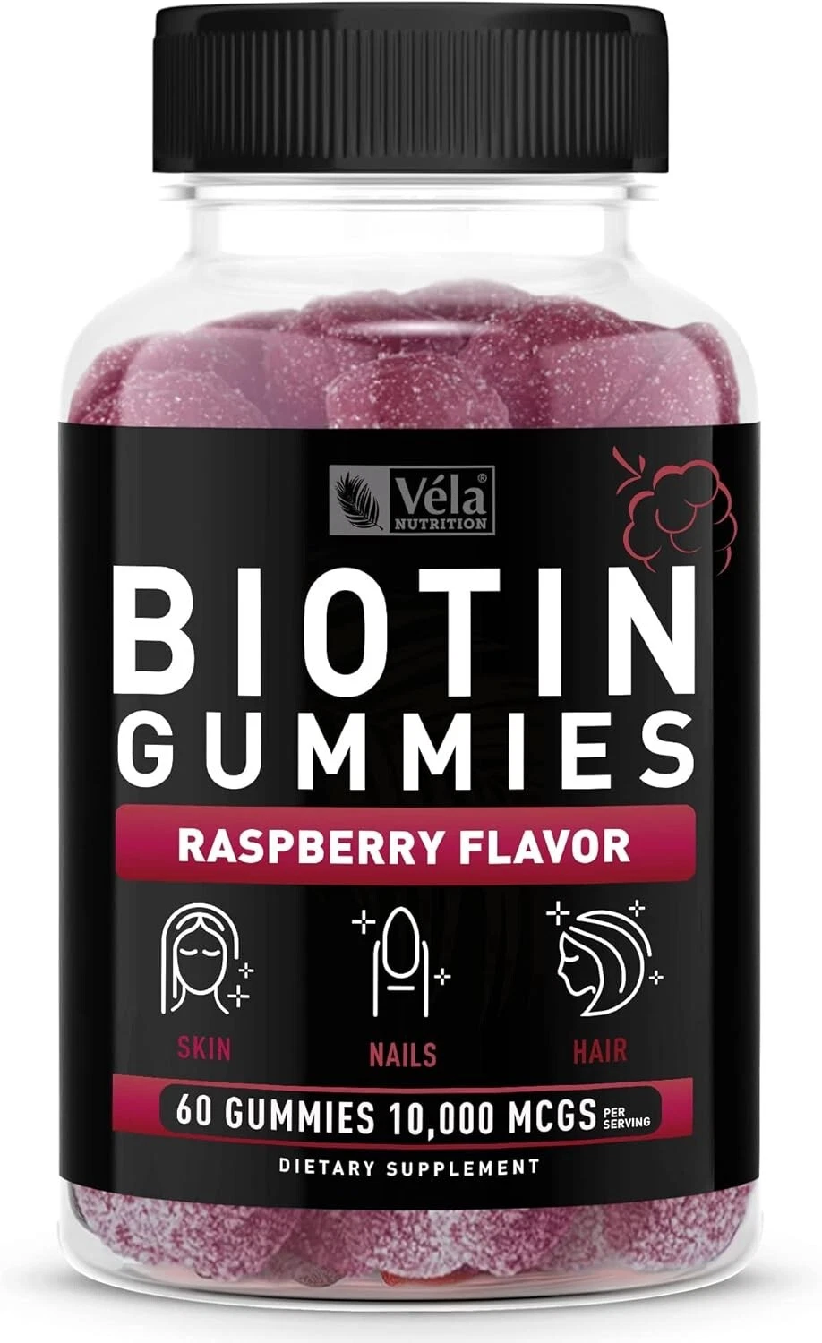 Vela Nutrition 10000 mcg Biotin Hair Skin Nails Raspberry 60 Gummies EXP 01/2026