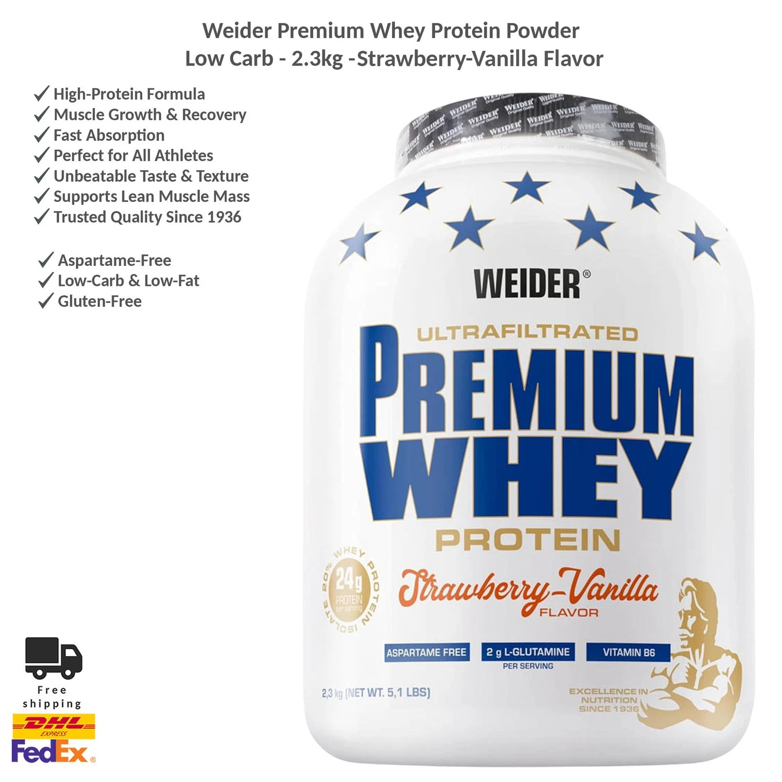 Weider Premium Whey Protein Powder Low Carb - 2.3kg - Strawberry-Vanilla Flavor