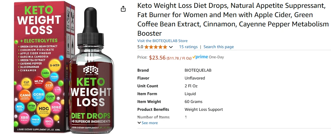 KETO WEIGHT LOSS DIET DROPS, NATURAL APPETITE SUPPRESSANT, FAT BURNER
