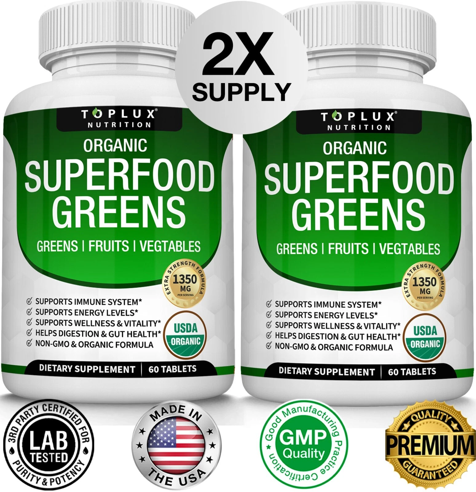 Organic Greens Superfood Tablets 2 PACKS - Greens, Fruits & Veggies for EVERYONE