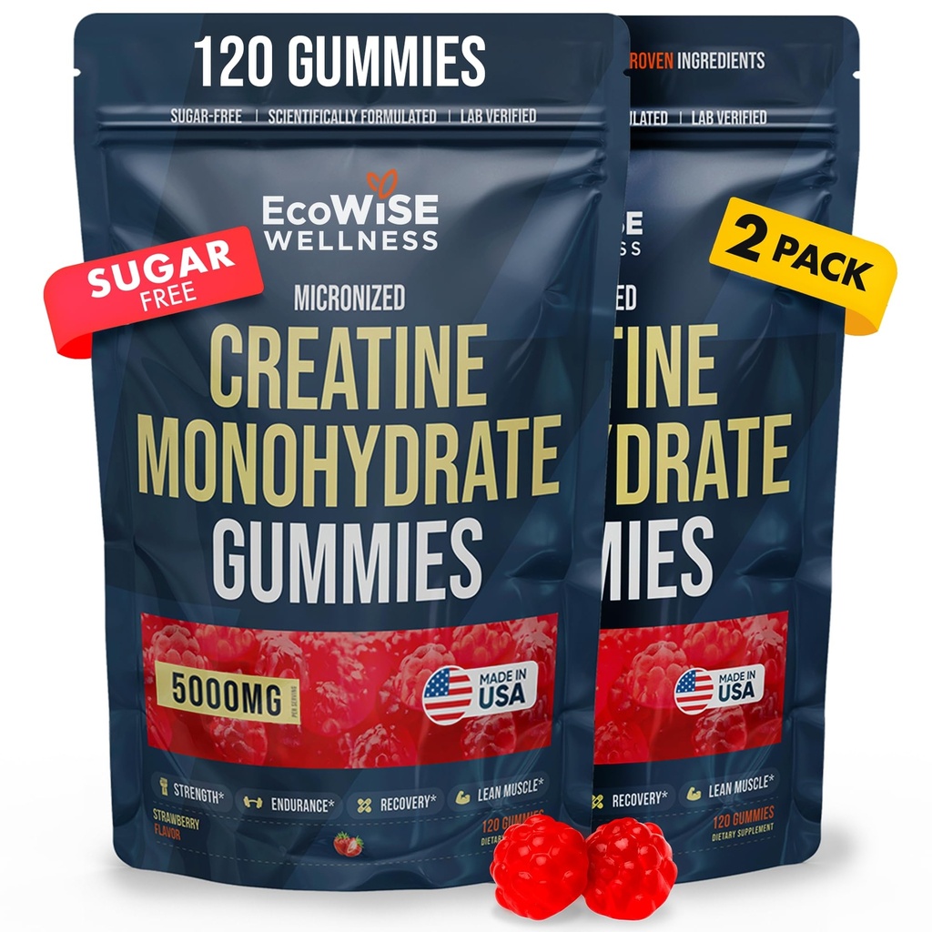 EcoWise Wellness 2 Pack Creatine Monohydrate Gummies 5000 mg Fresh Strawberry...