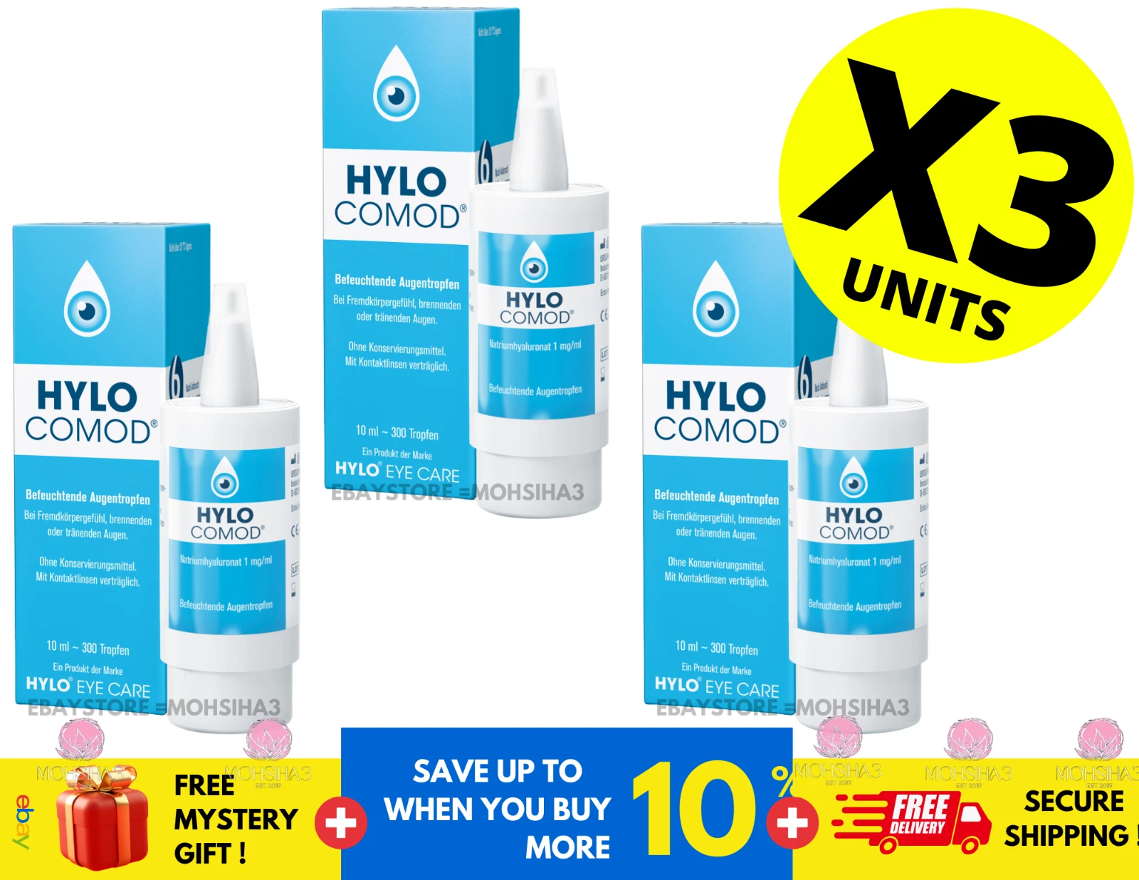 HYLO COMOD Lubricant Eye Drops with Sodium Hyaluronate Ursapharm ( X 3 )