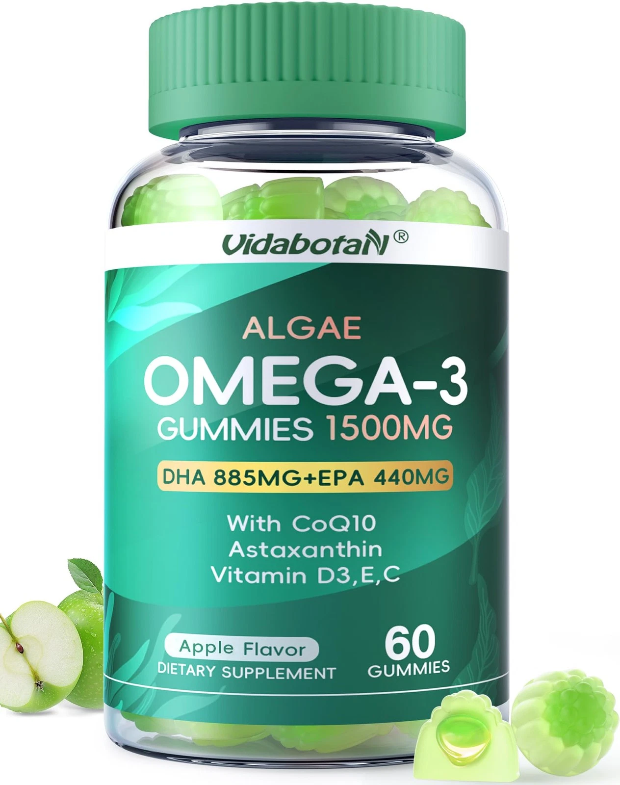 Vegan Omega 3 Gummies 1500mg, Algae Omega 3 Supplements DHA 885mg & EPA 440mg, w