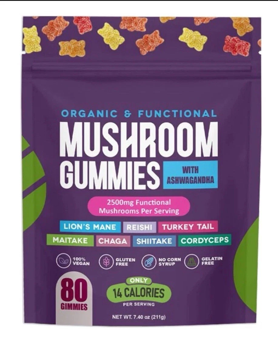 Mushroom Gummies w/ Ashwagandha 2500mg - Vegan, Gluten-Free, 80 Ct