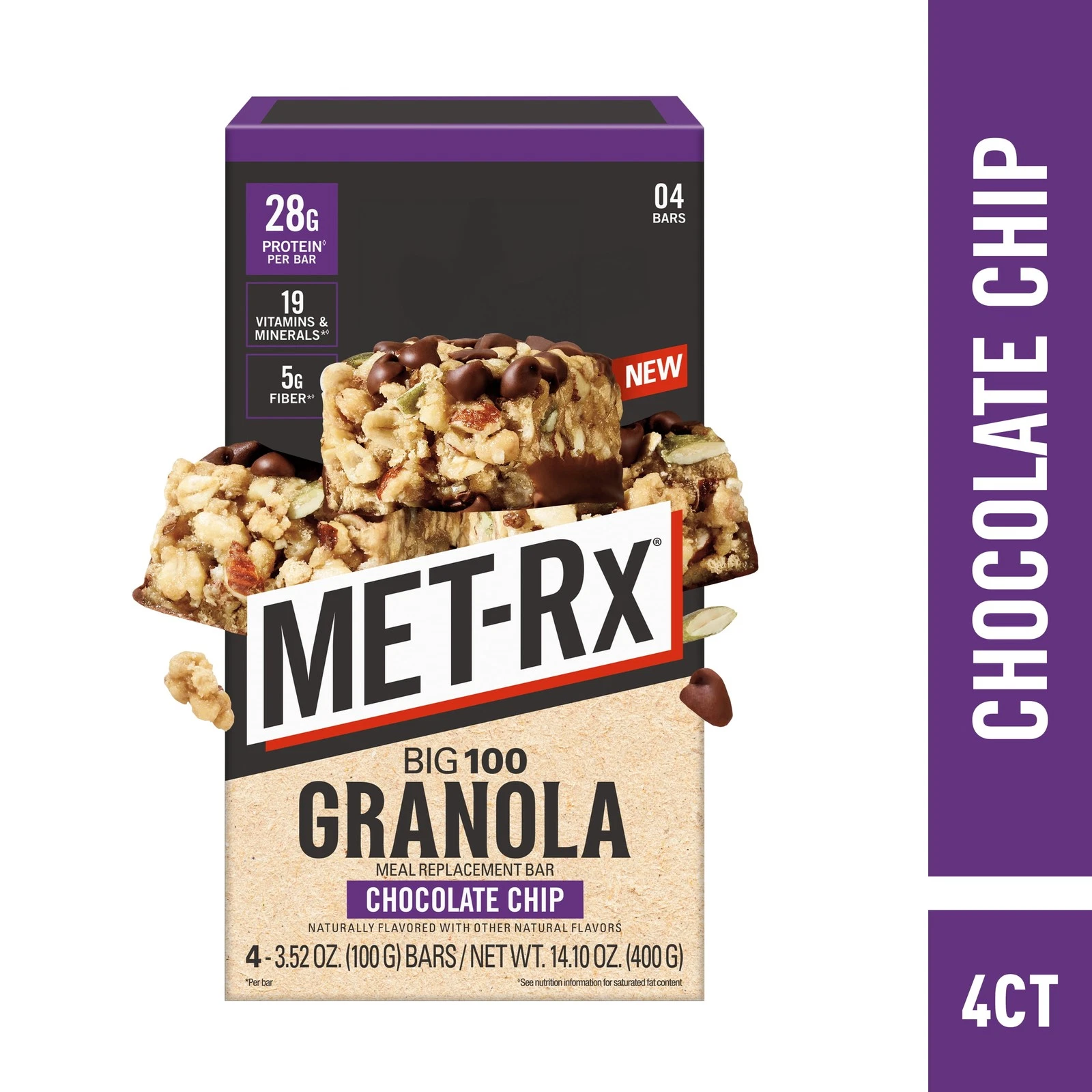 MET-Rx Big 100 Protein Bars,4 Ct,Granola Chocolate Chip Meal Replacement Bars