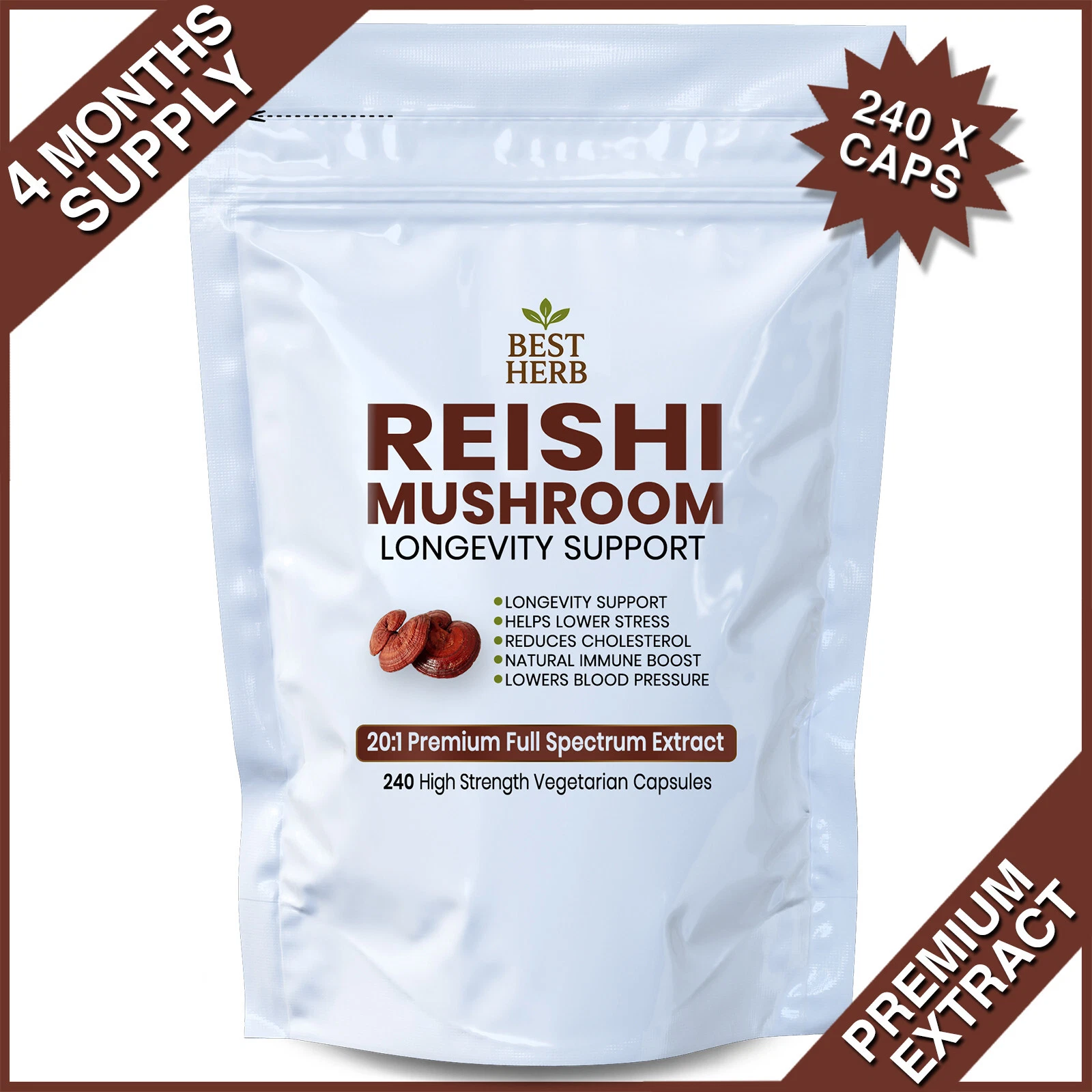 240 X ORGANIC PILLS REISHI MUSHROOM 20:1 EXTRACT IMMUNE STRESS SUPPORT GANODERMA