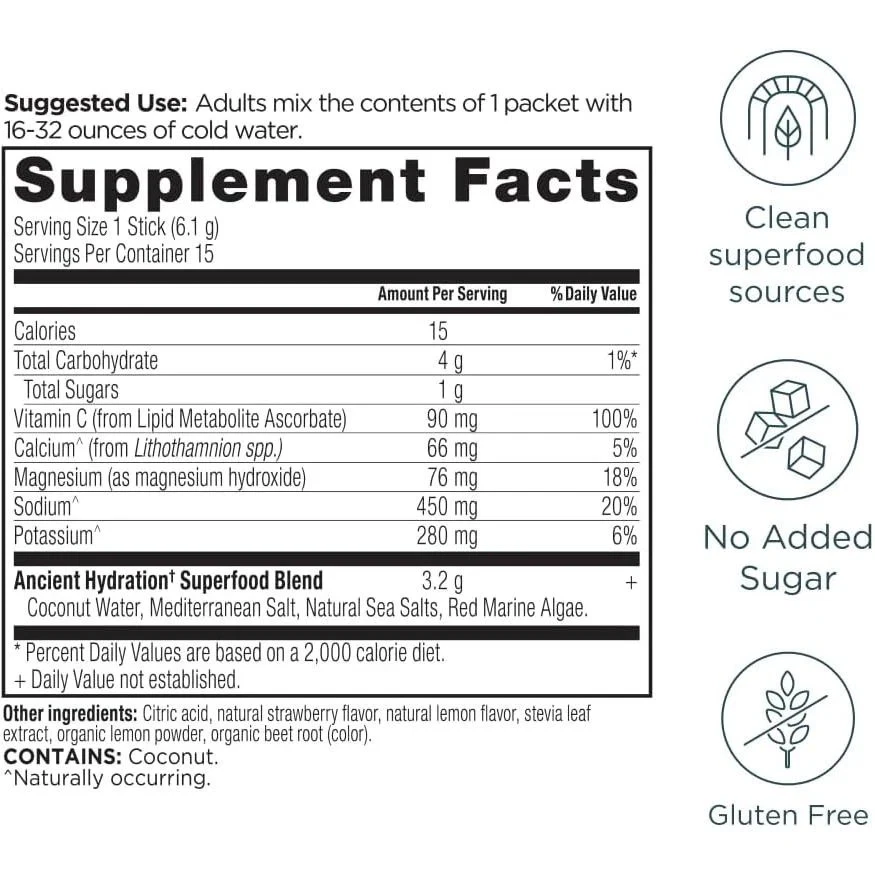 Ancient Nutrition Hydration Po Lemonade, Electrolytes 15 Packets