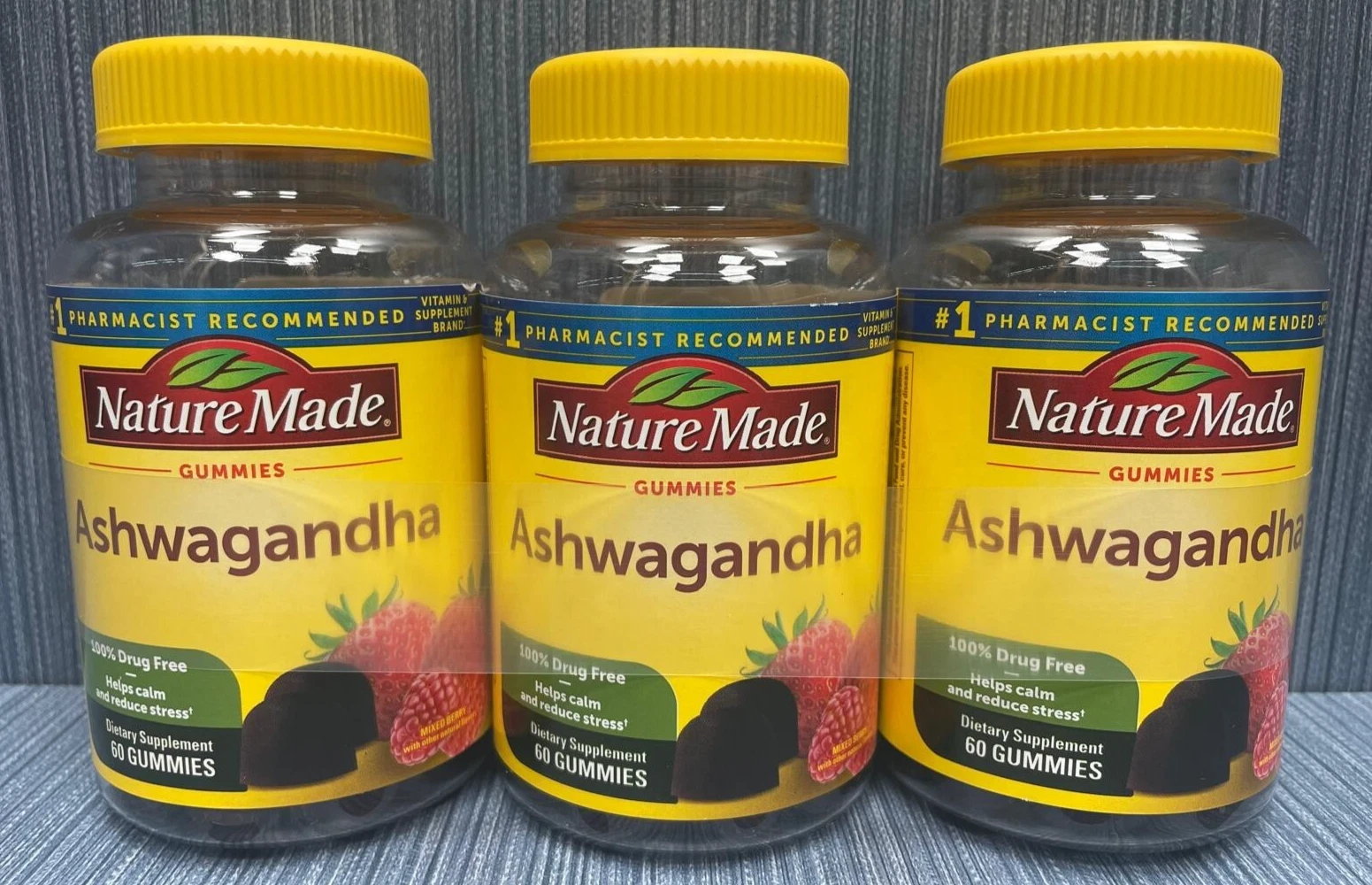 3 x Nature Made Vegan Gluten Free Ashwagandha Gummies Stress Relief Calming 8/26