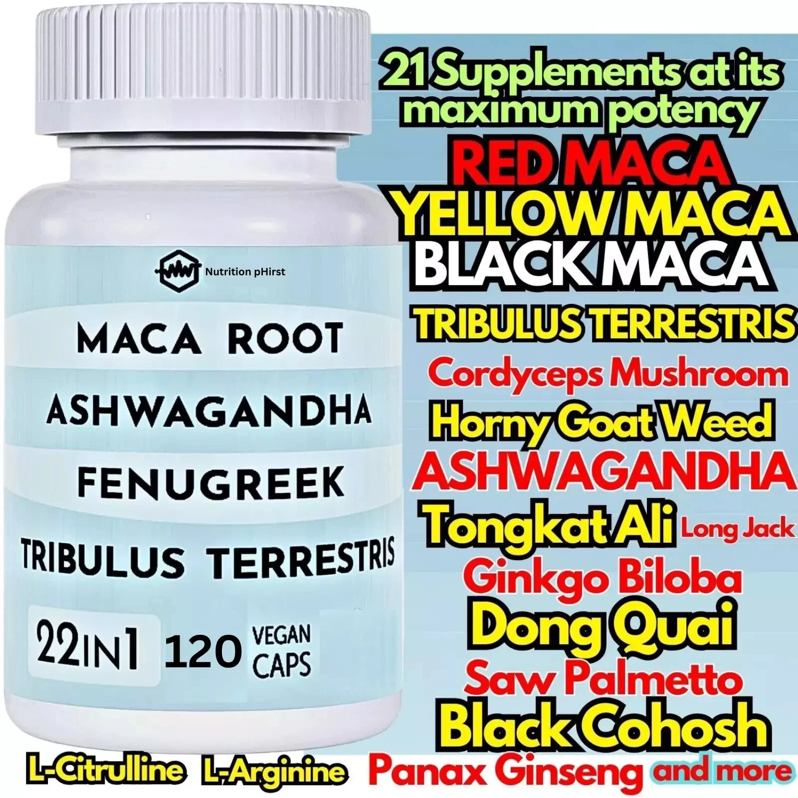 22 in 1 Max Potency Maca Root Blend Goat Weed Tongkat Ginkgo Tribulus 8520mg US-