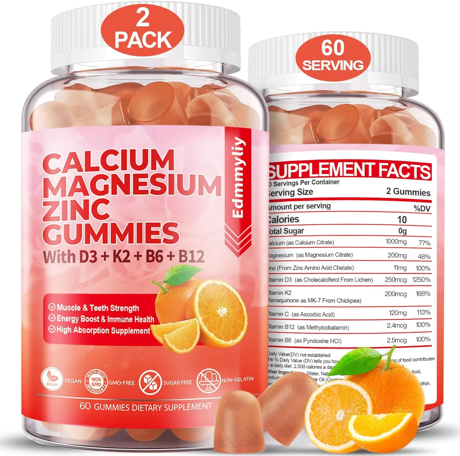 Sugar Free Calcium Magnesium Zinc Supplement Gummies with Vitamin D3 & B12 fo...
