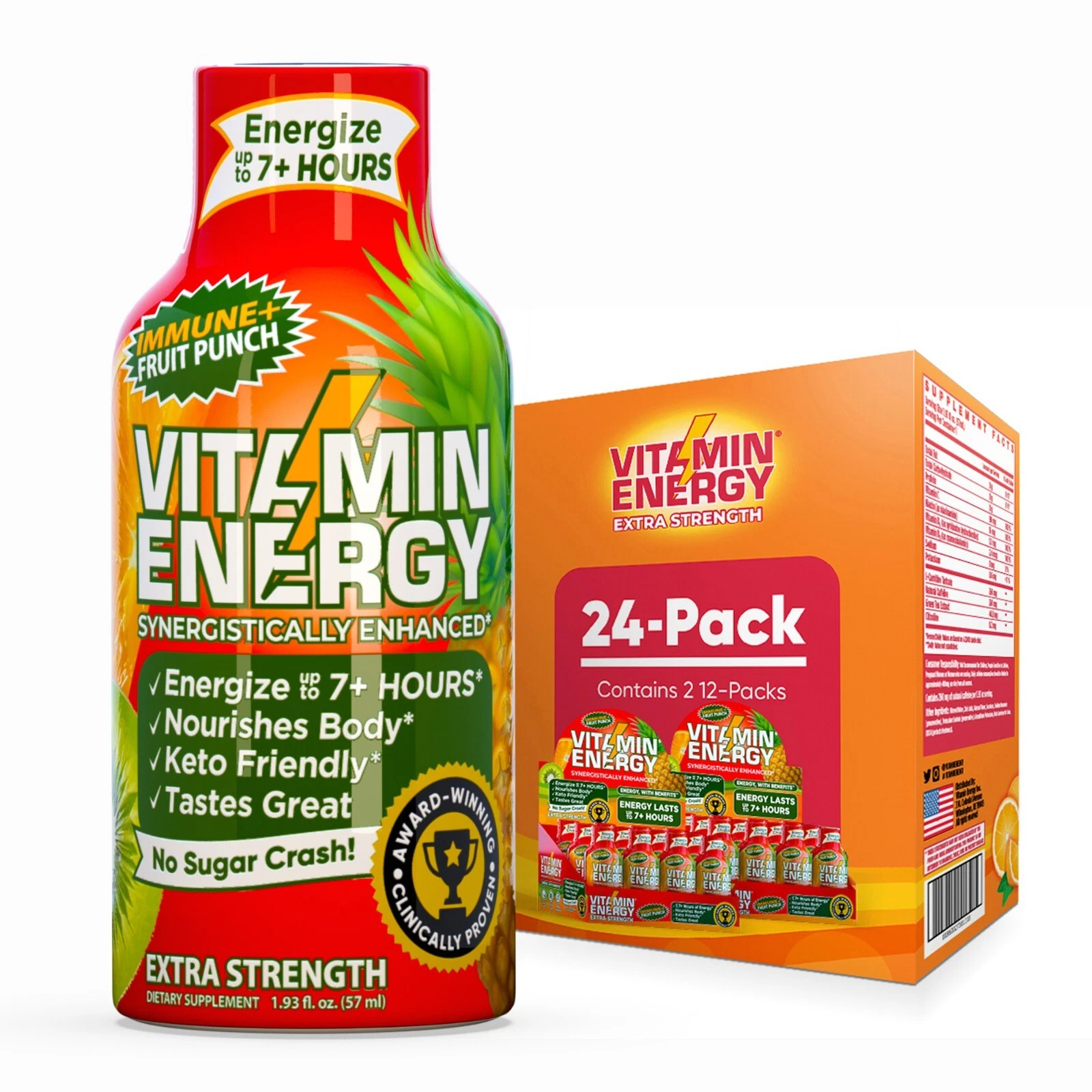 (24 Pack) Vitamin Energy® Immune+ Fruit Punch Energy Shots, Clinically Proven