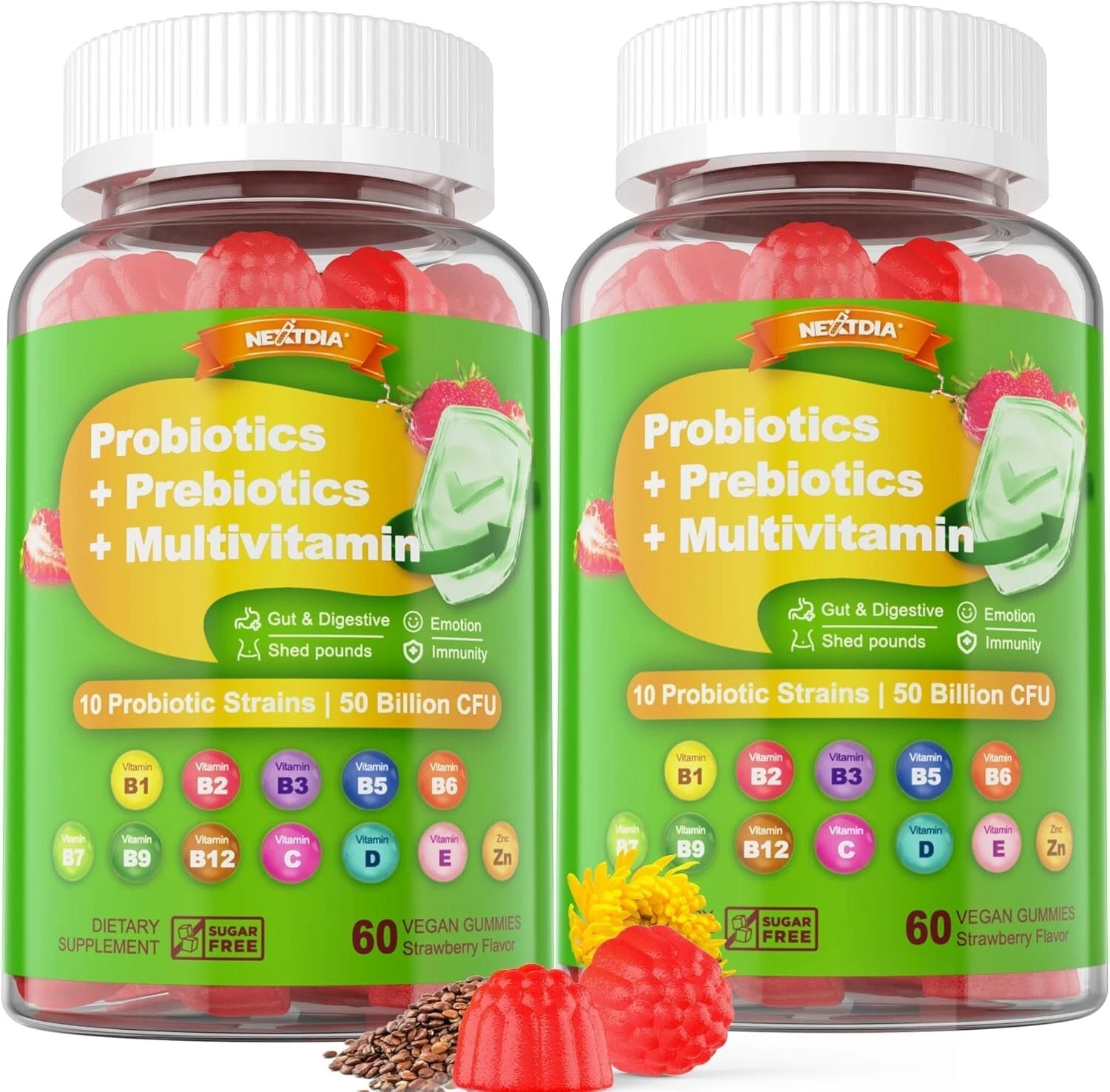 Vegan Probiotics Gummies for Women & Men - Fiber Prebiotics Supplements | 50 Bil