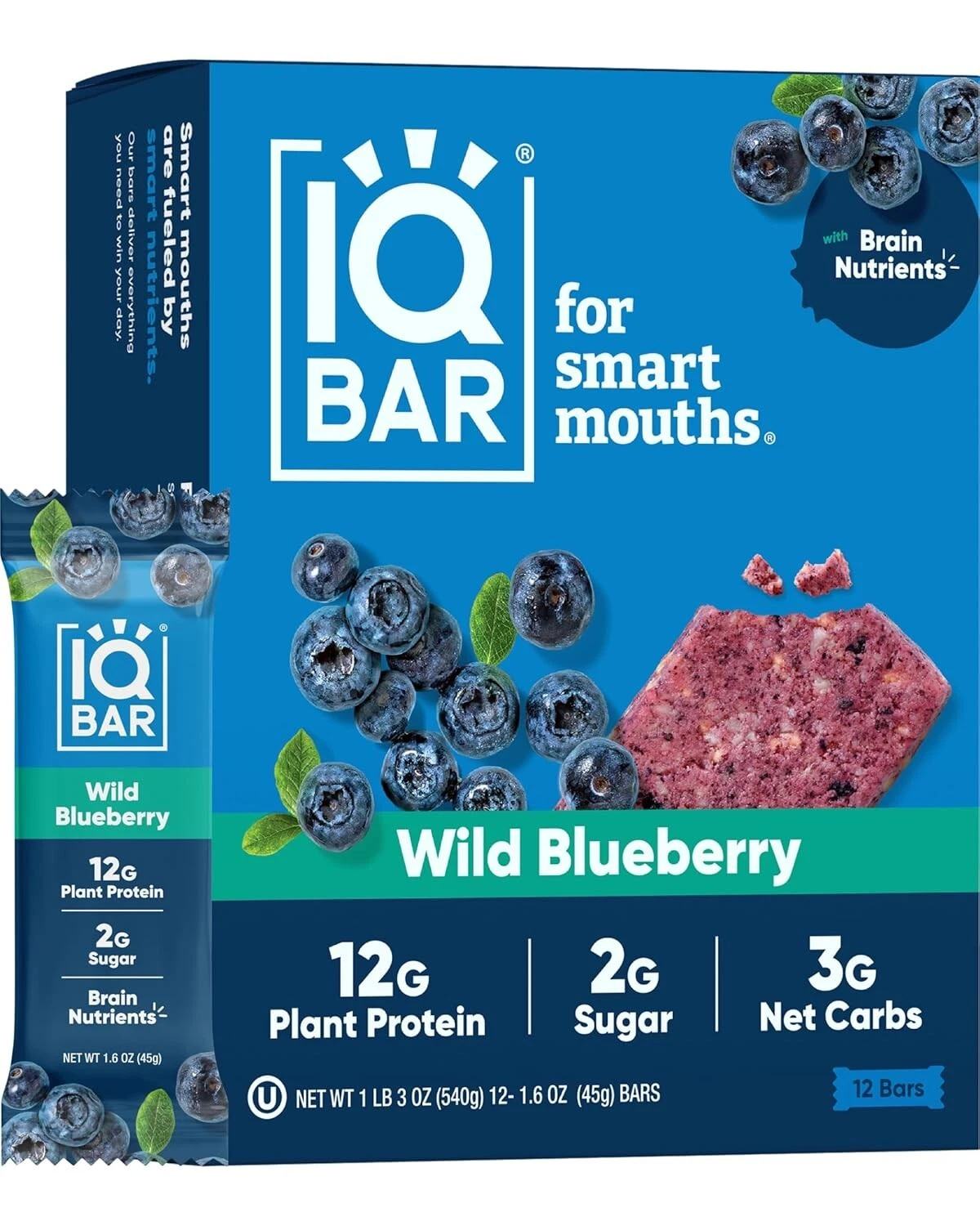 IQBAR Brain and Body Plant Protein Bars - Wild Blueberry - 12-Count Low Carb - G