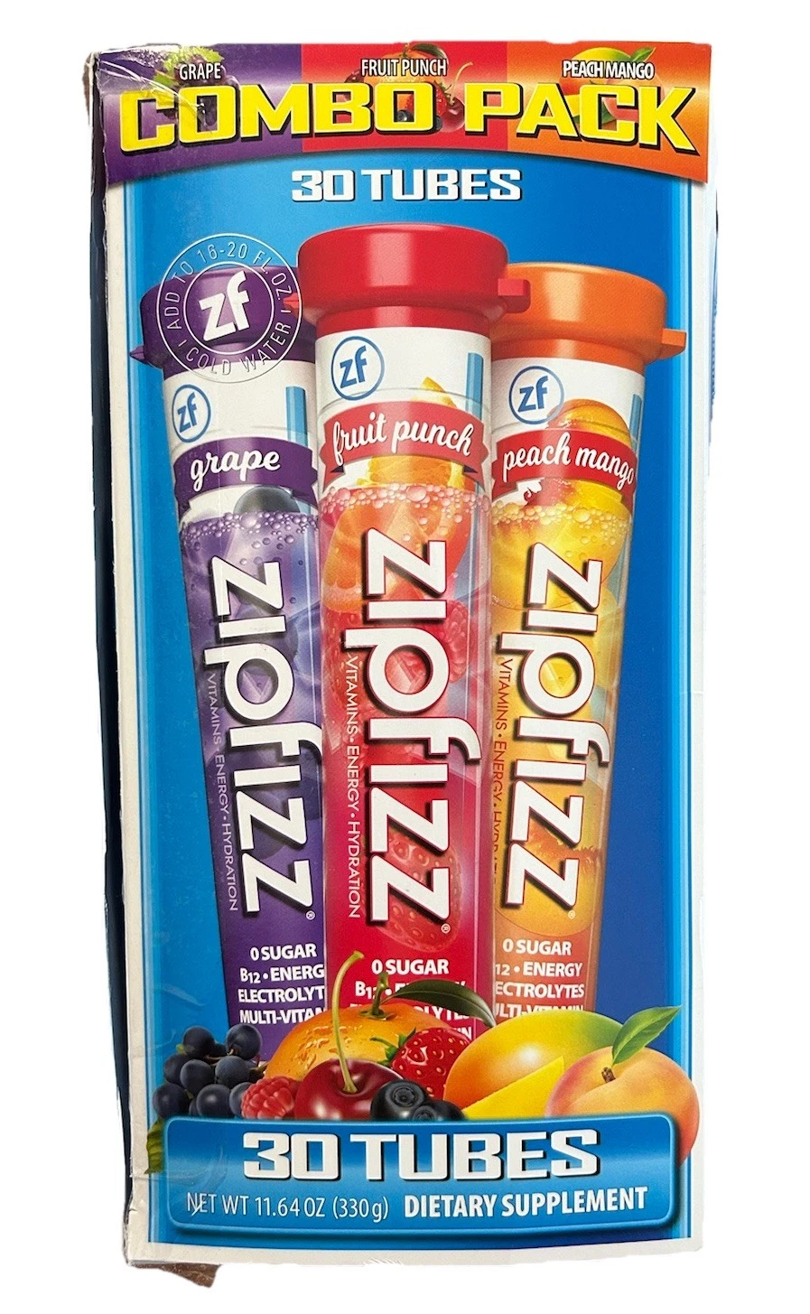 Zipfizz Multi-Vitamin Energy Hydration Drink Mix Grape Fruit Punch Mango Pack of 30 Pieces