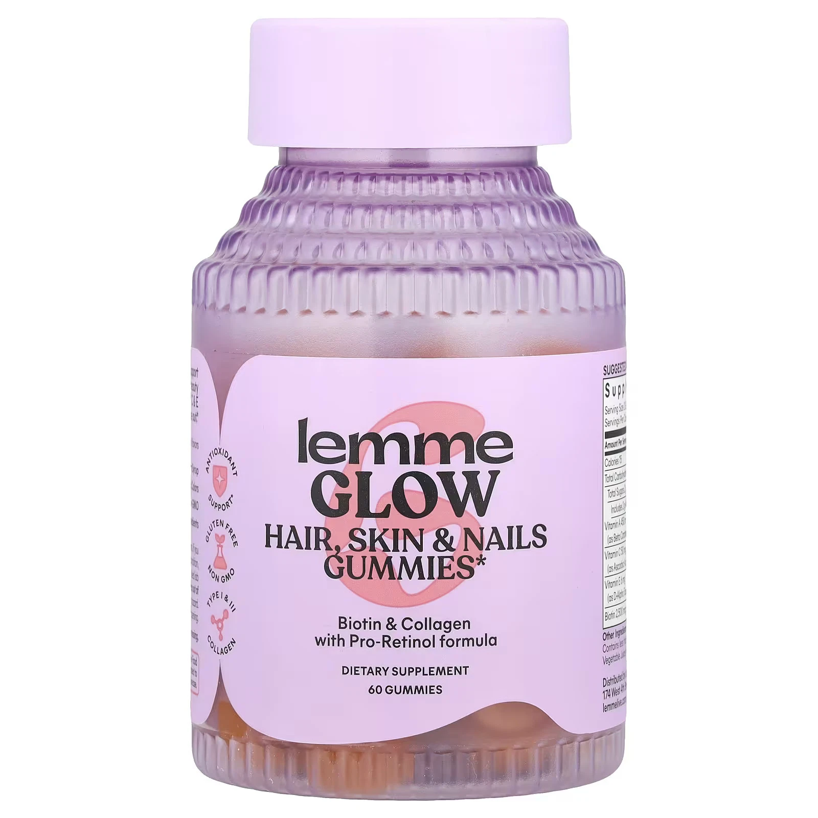 2 X Lemme, Glow, Hair, Skin & Nails Gummies, Peach, 60 Gummies