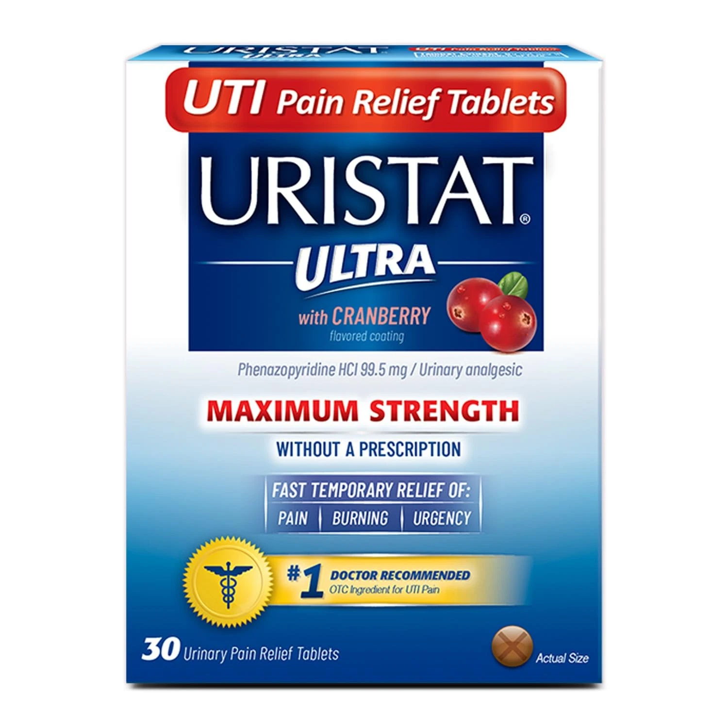 UTI Pain Relief Tablets, Cranberry Flavored, 30 Tablets