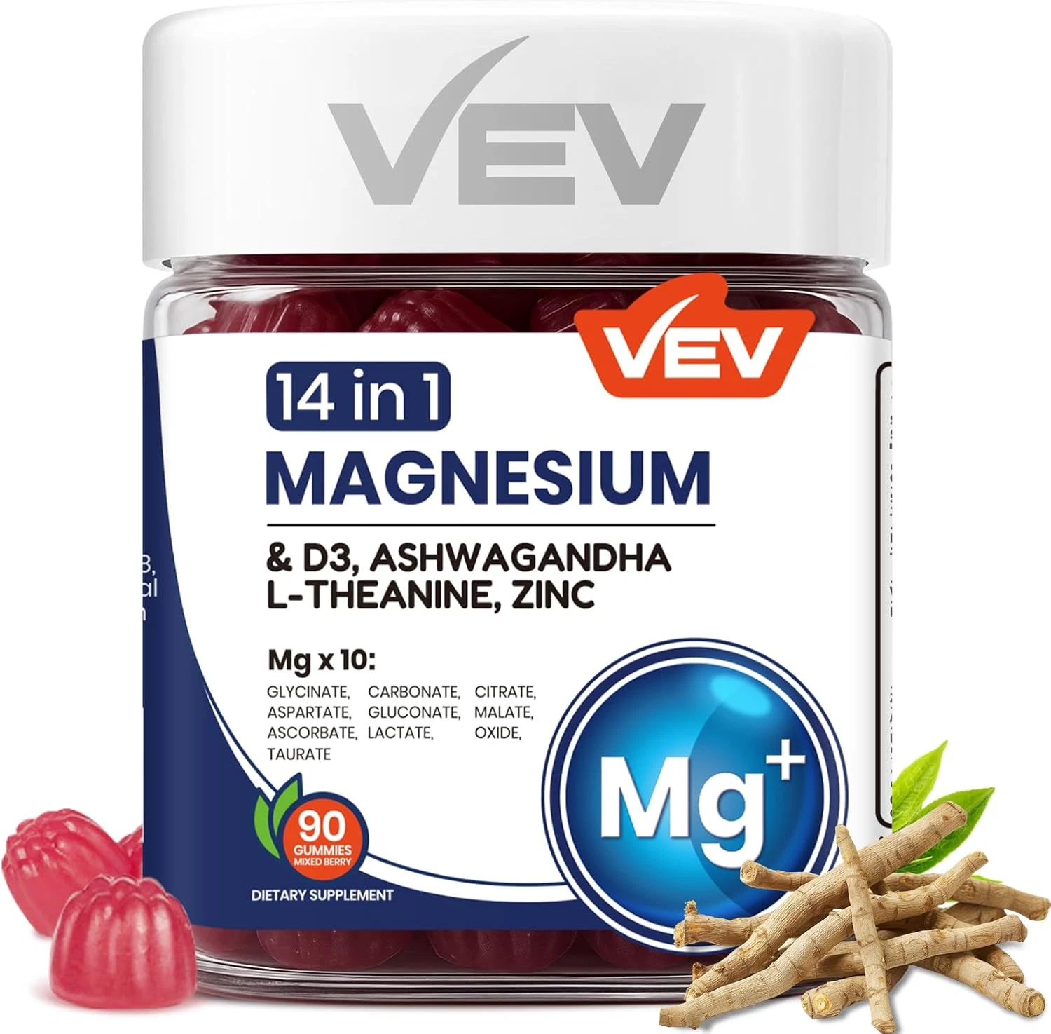 VEV 14-In-1 Magnesium Complex Gummies – with Ashwagandha, L-Theanine, D3 & Zinc
