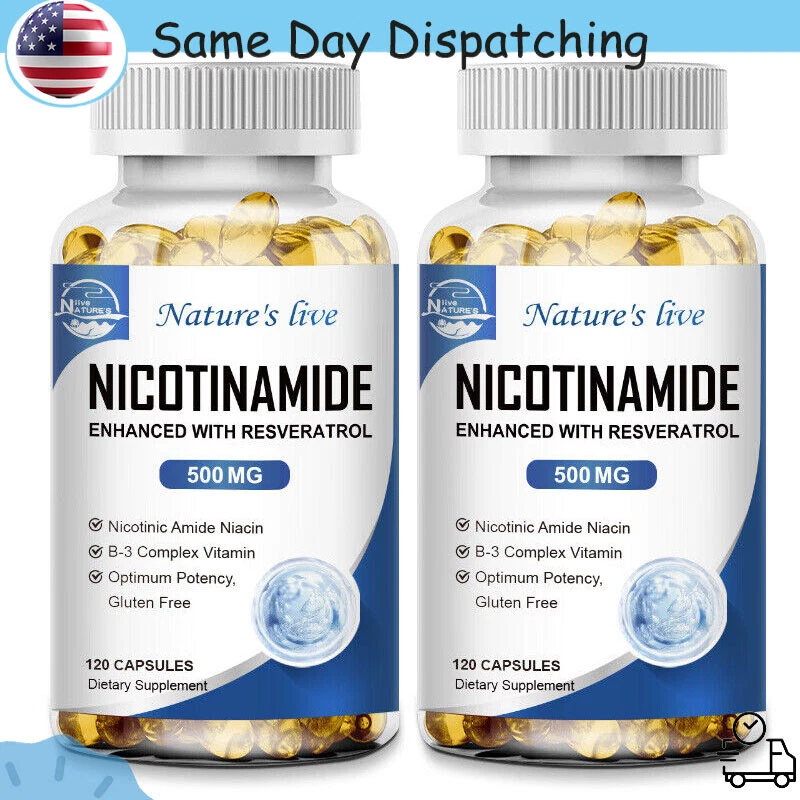 NAD Booster Supplement - Nicotinamide 500mg Resveratrol 100mg- 2×120 Capsules