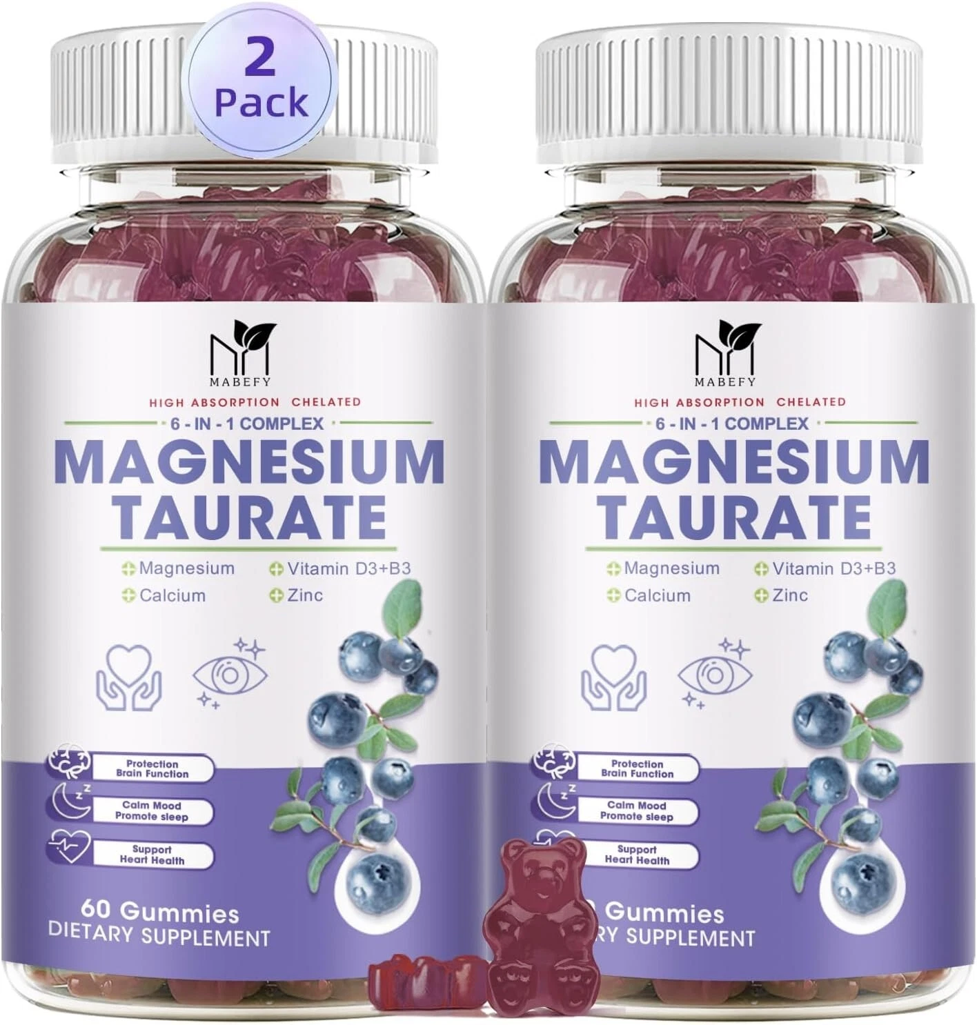 2 Pack Magnesium Supplement - Magnesium Taurate Magnesium Glycinate Gummies with