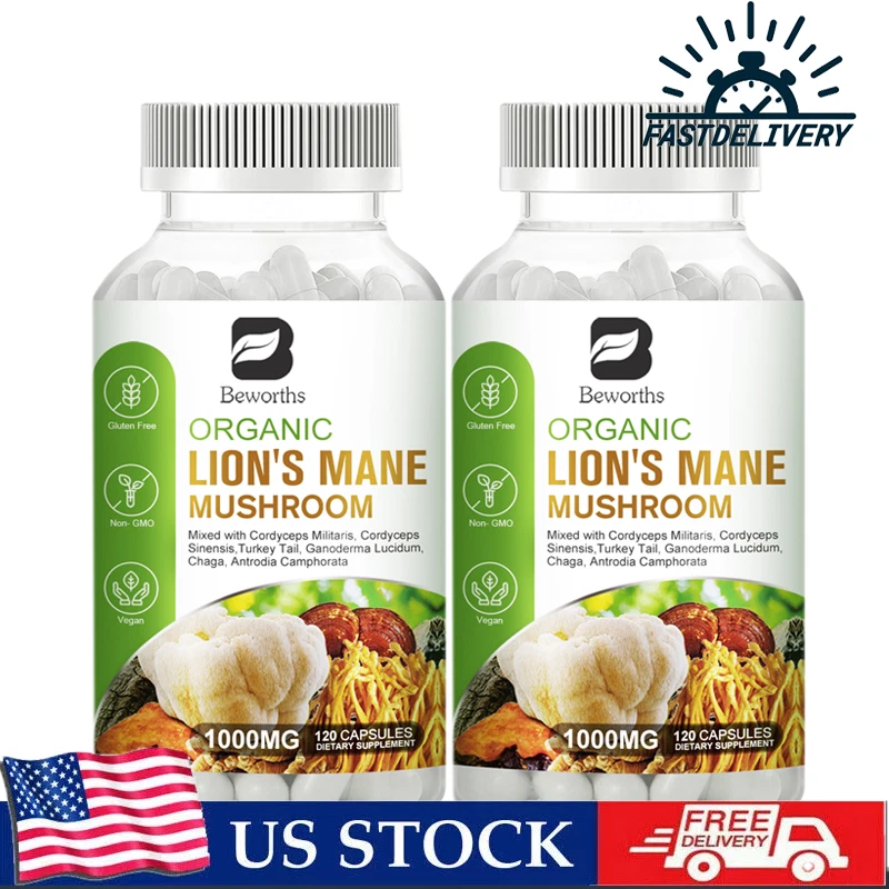 2Bottles Organic Lions Mane Mushroom,1000mg ,Brain Memory & Focus Support
