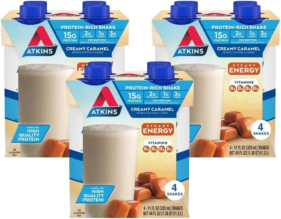 (12 Pack) Atkins Creamy Caramel Protein Nutrition Shake, Energy Boost, 11 Fl Oz