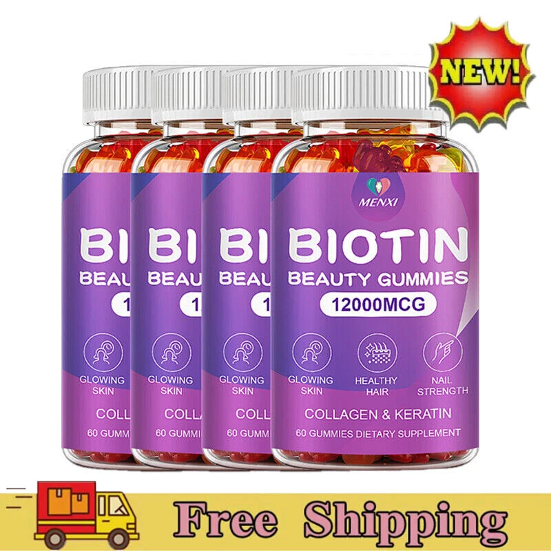 Natural Biotin & Collagen 60 Gummies - Hair, Skin, Nails, Joints Bone Vitamins