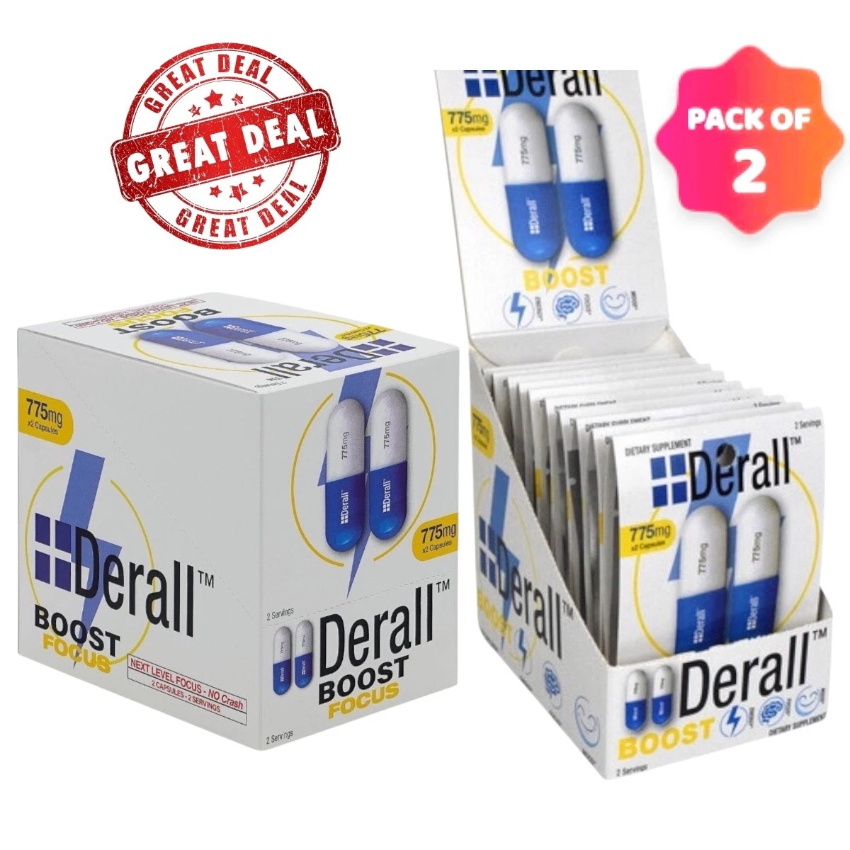 Derall Boost Focus 775mg NEXT LEVEL FOCUS 2 Full Boxes NO CRASH