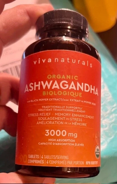 Viva Naturals Organic ASHWAGANDHA w/Black Pepper(90 Tabs/3000mg) Stress & Memory
