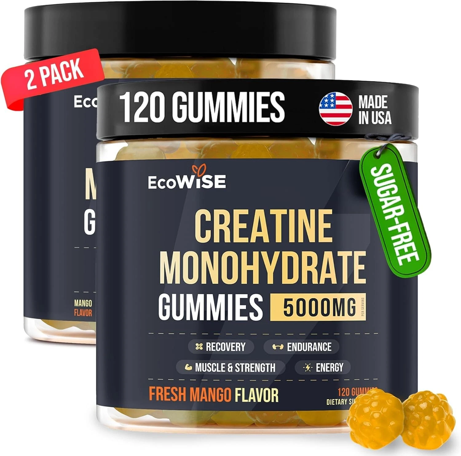 EcoWise Wellness 2 Pack Creatine Monohydrate Gummies 5000 mg Fresh Mango Flav...