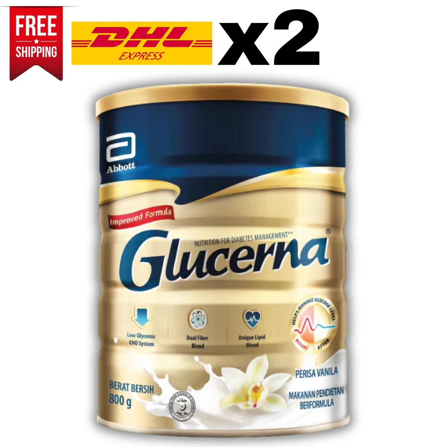 Diabetic Milk Powder Vanilla Flavour Glucerna Triple Care 800g x2 Cans DHL Ship