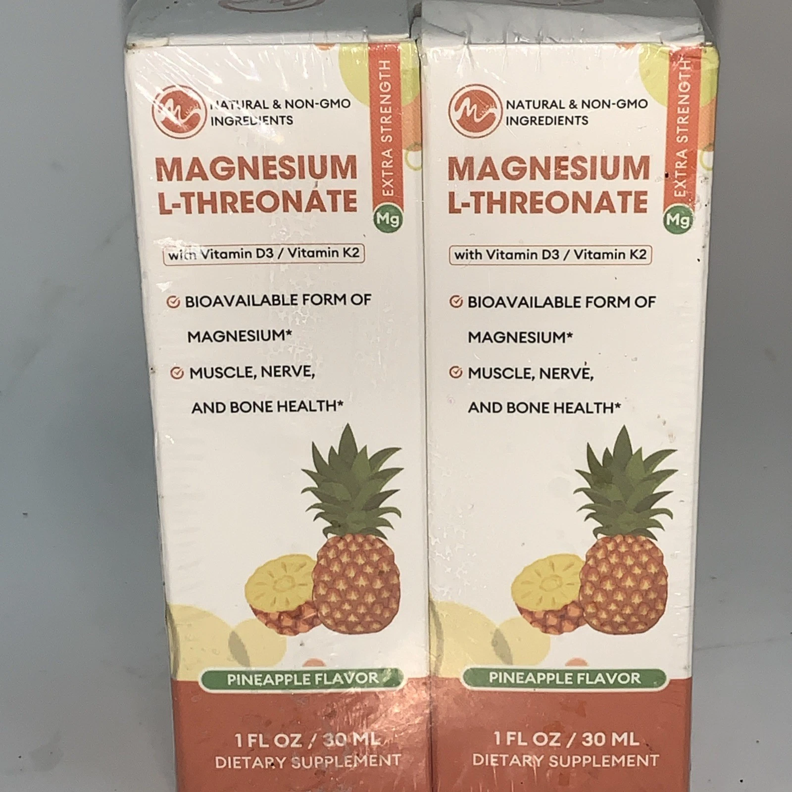 Magnesium L-Threonate Liquid Drops Pineapple 1 Fl Oz Ea Exp8/14/2025 Two Lot