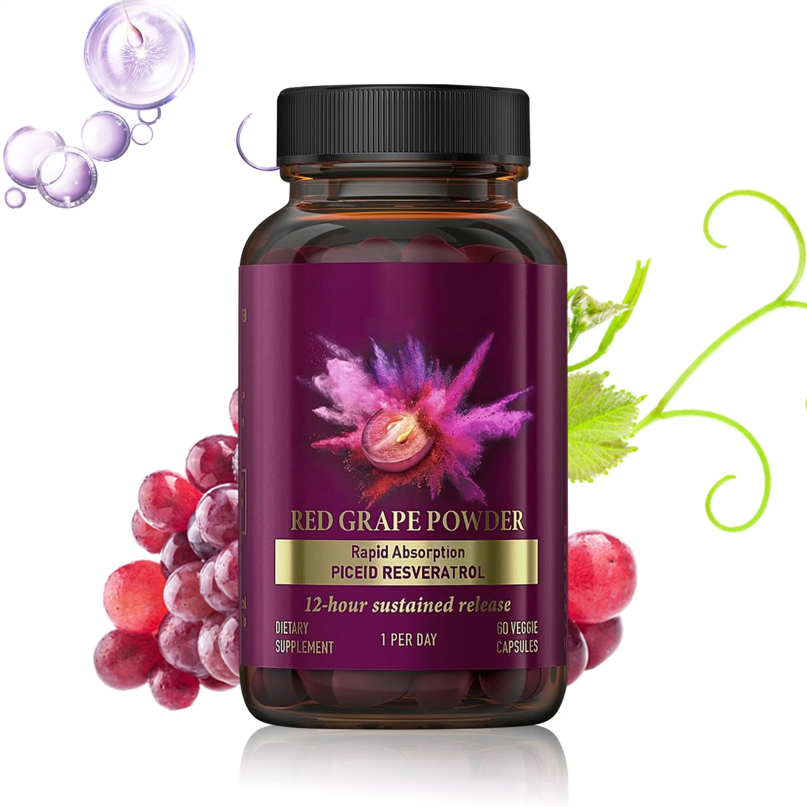 Vinia Red Grape Powder Rapid Absorbtion Piceid Resveratrol 60 Veggie Capsules