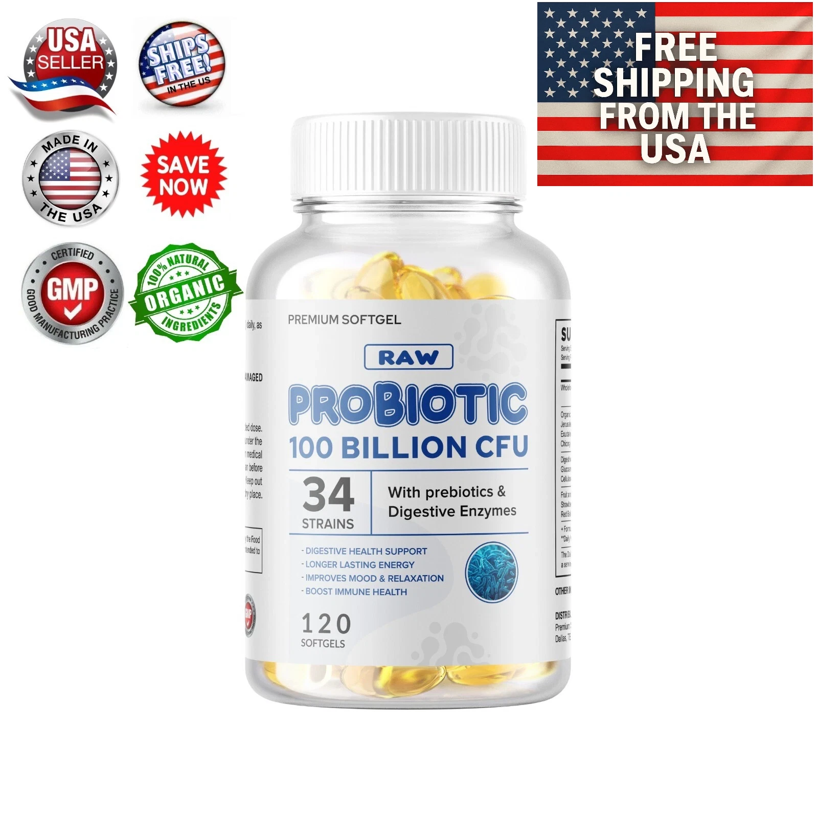 Raw Probiotics 100 Billion CFU Potency Digestive Immune Health 120 Capsules USA