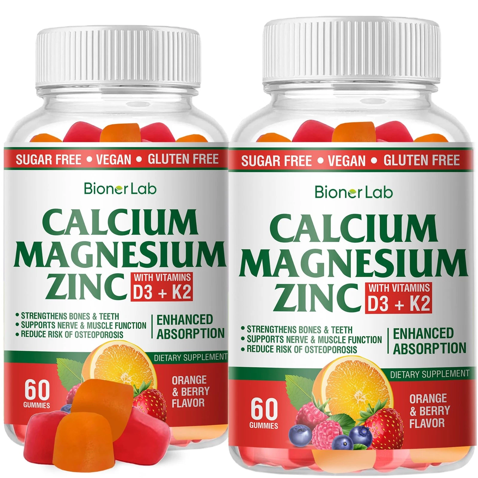BionerLab Calcium Magnesium Zinc Gummies with Vitamin D3 & K2 - High Potency Enh