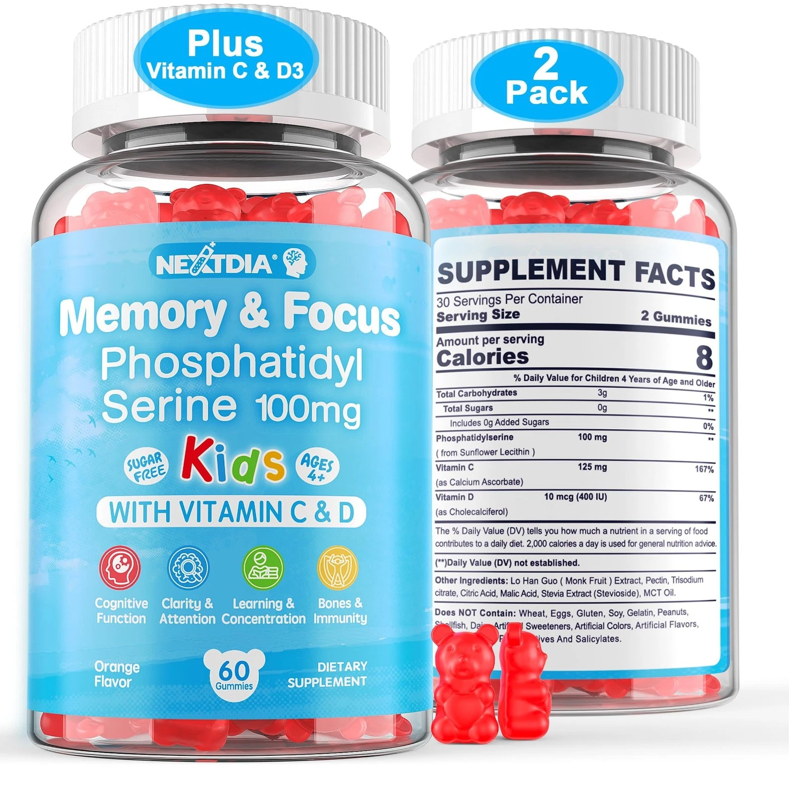 Phosphatidylserine Supplement 100mg, Focus Gummies for Kids Teens + Vitamin C &