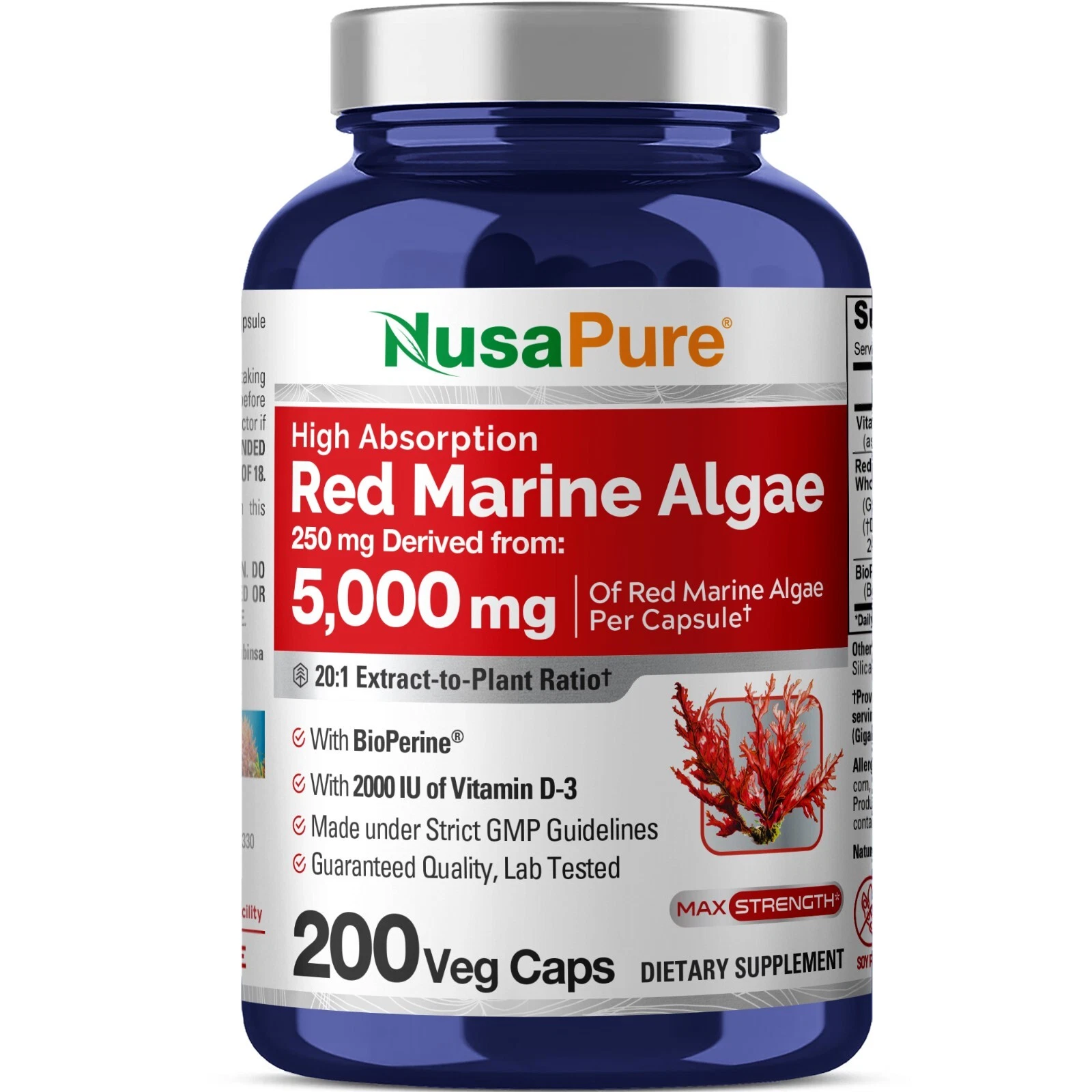 NusaPure Red Marine Algae 20:1 Extract, 250 mg Equivalent to 5,000 mg 200 Veggie
