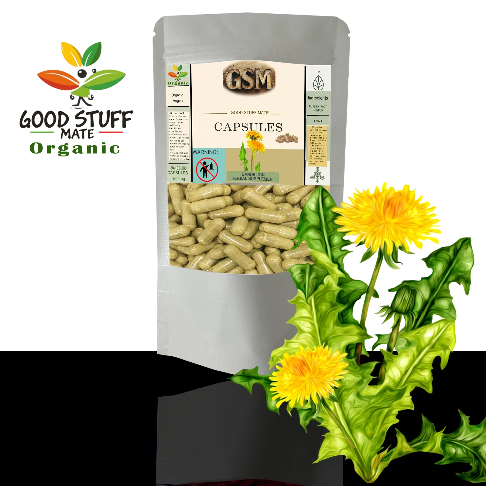 Dandelion Root Capsules ORGANIC Vegan NO FILLERS 500mg 100% Pure 50 - 100 - 200