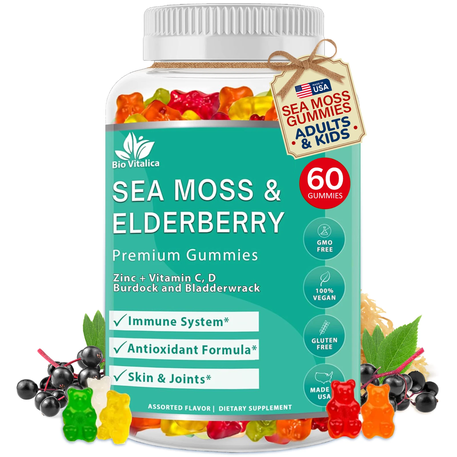 Sea Moss Gummies Elderberry BioVitalica - Vitamin C D + Zinc - Irish Seamoss