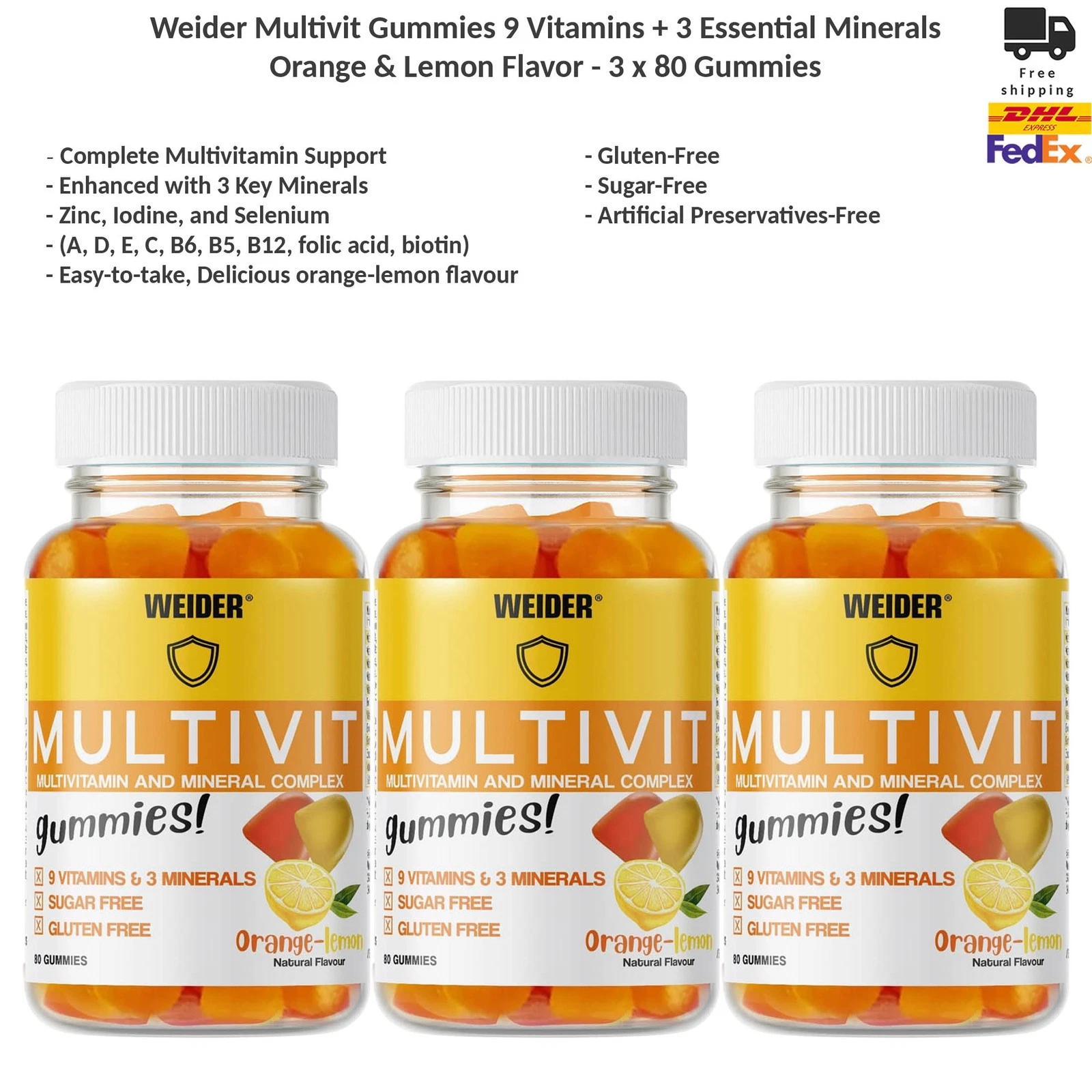 Weider Multivit Gummies 9 Vitamins +3 Essential Minerals Orange-Lemon Flavor x3