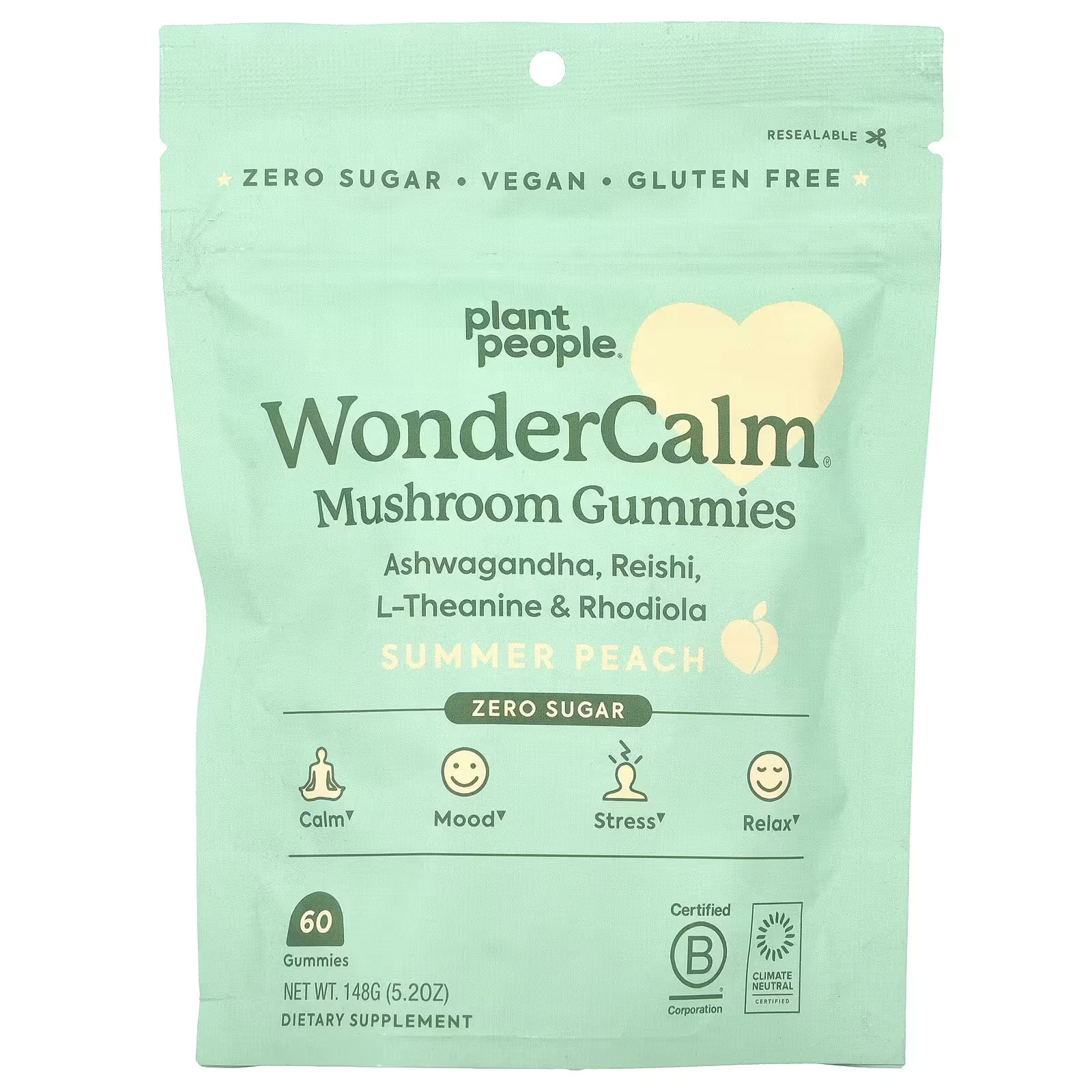 2 X Plant People, WonderCalm�, Mushroom Gummies, Summer Peach, 60 Gummies