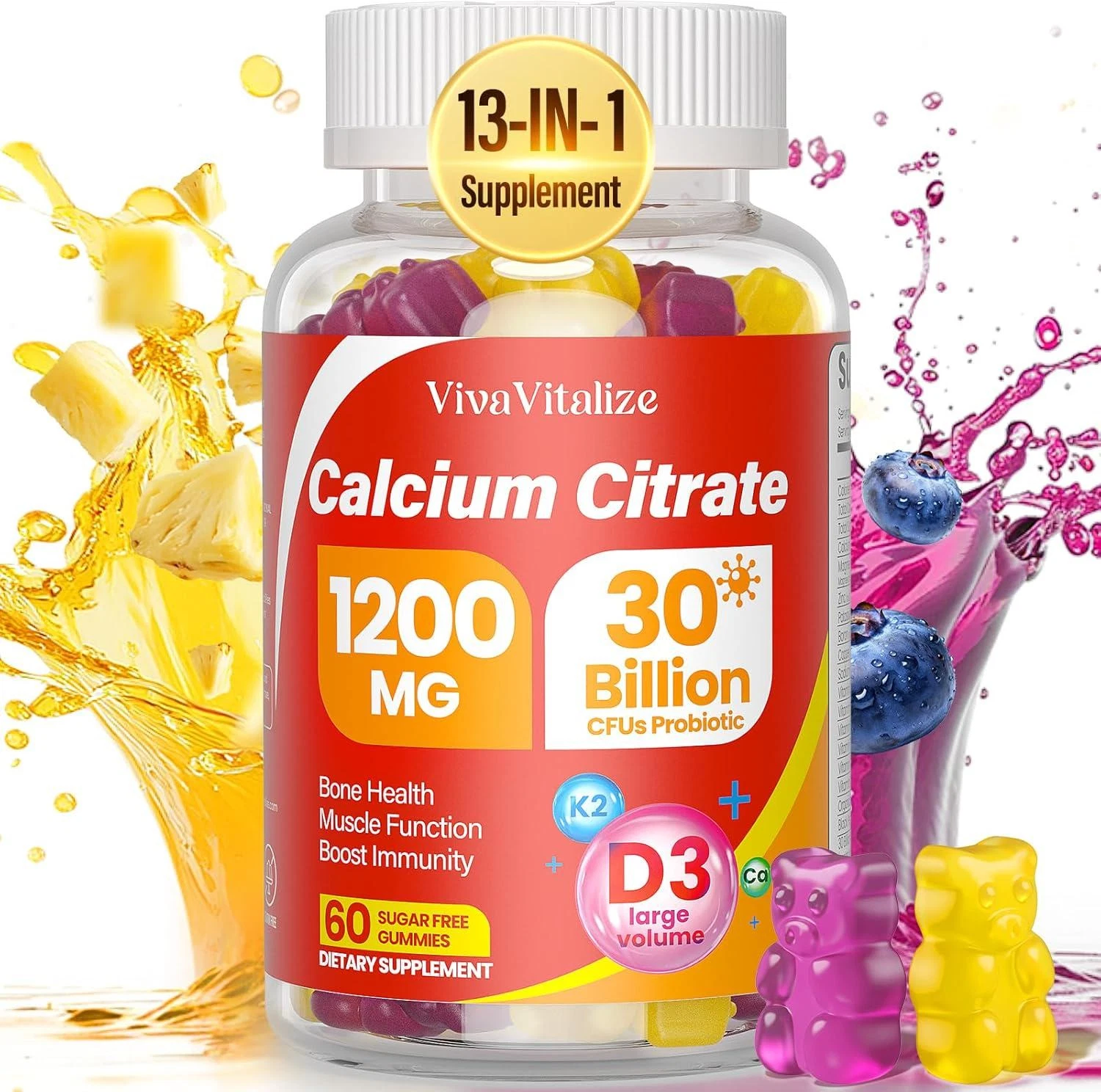 13-in-1 Calcium Citrate Gummies, 1200 mg with Vitamin D3, K2, Magnesium, Zinc,
