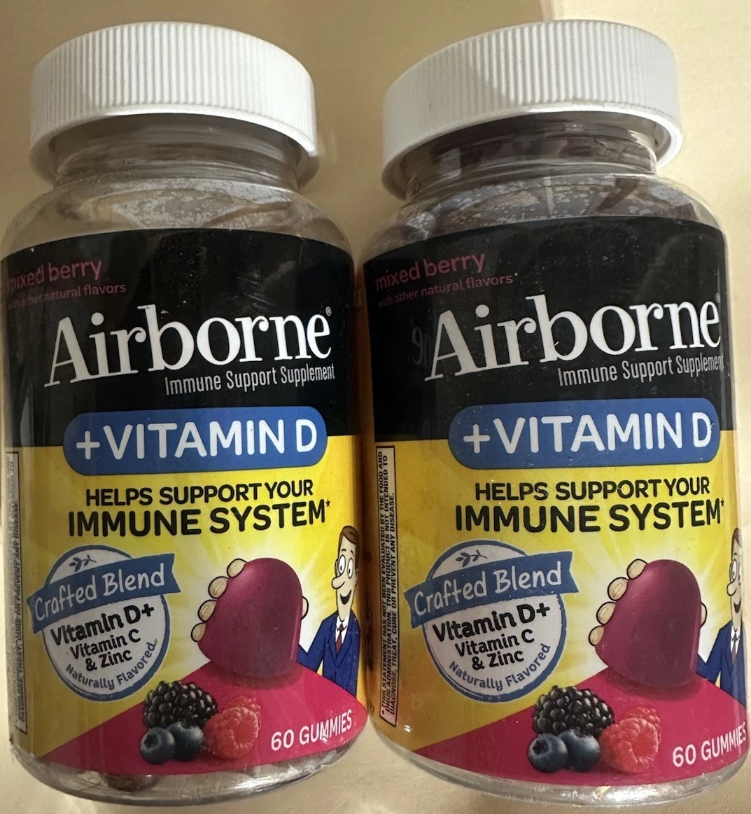 LOT OF 2 Airborne Immune Support Vitam DZinc 60CT EA Mixed Berry Exp 12/2027 A4
