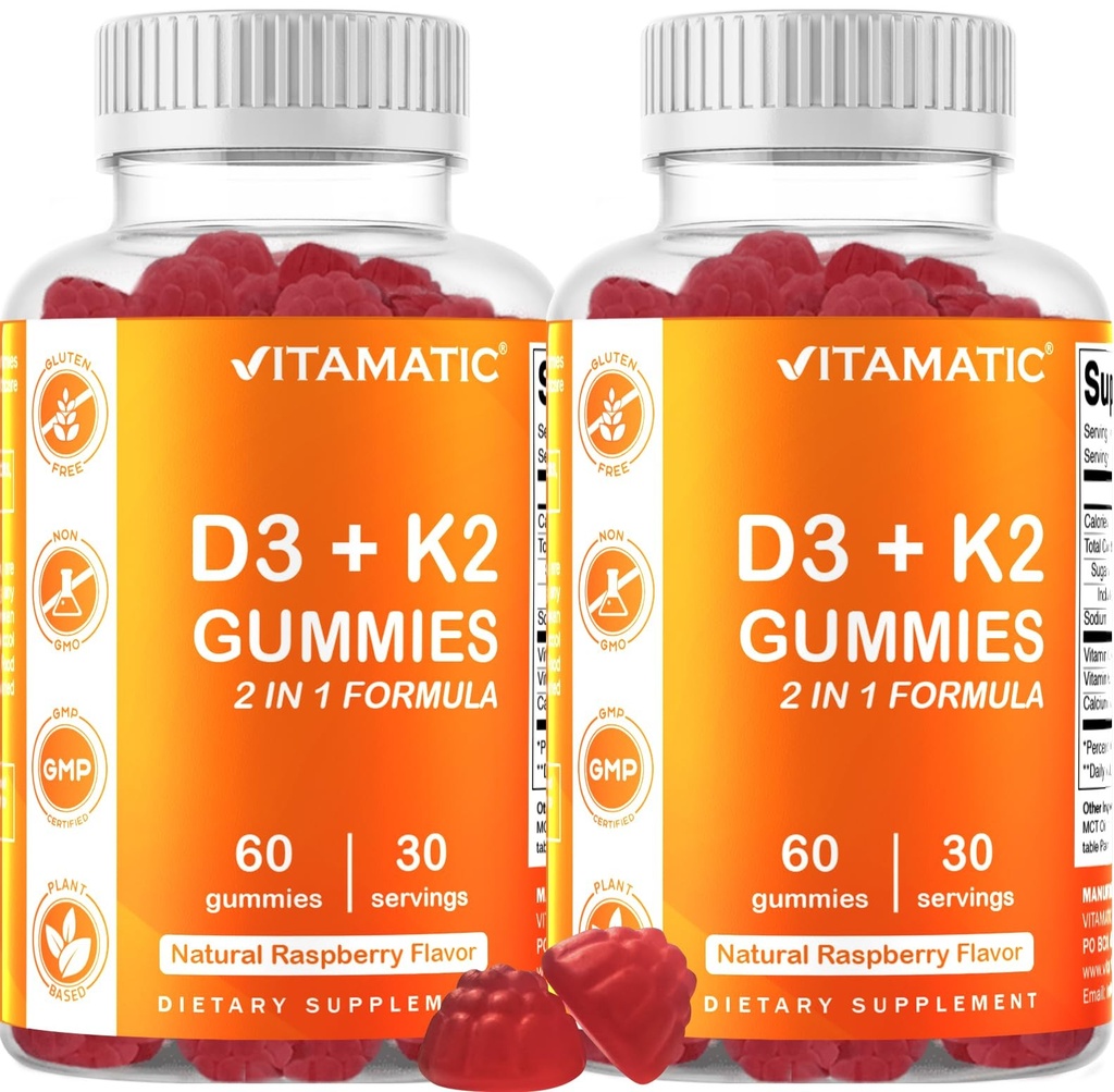 Vitamatic Vitamin D3 & K2 Gummies (2-Pack, 60 Count) Supports Healthy Bones, Hea