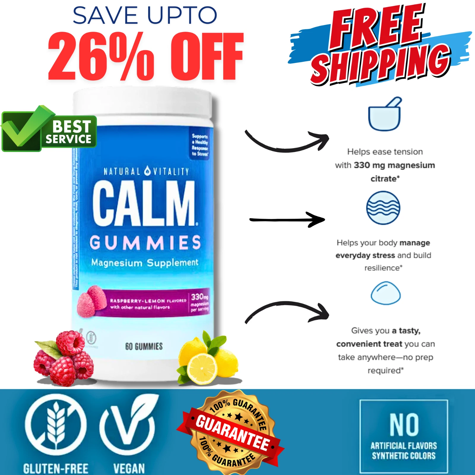 Natural Vitality CALM, Magnesium Citrate Supplement,Raspberry Lemon, 120 Ct