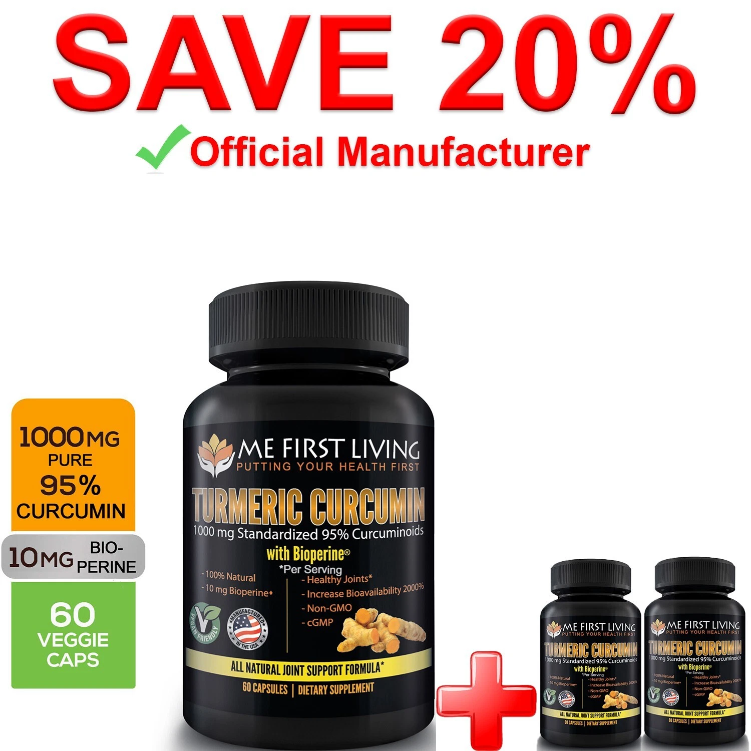 3 Bottles - Me First Living Turmeric Extract 95% Curcuminoids 1000mg + Bioperine