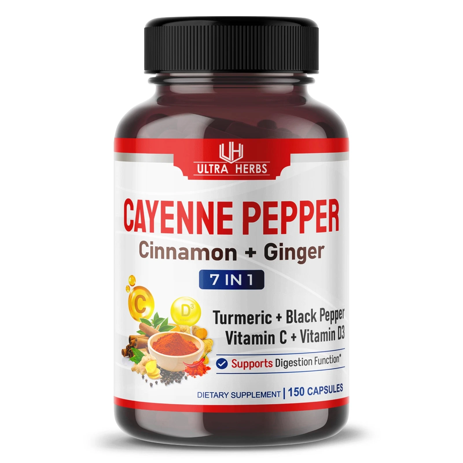 Cayenne Pepper 7 IN 1 - 16250mg - with Ginger Turmeric Cinnamon Black Pepper ...