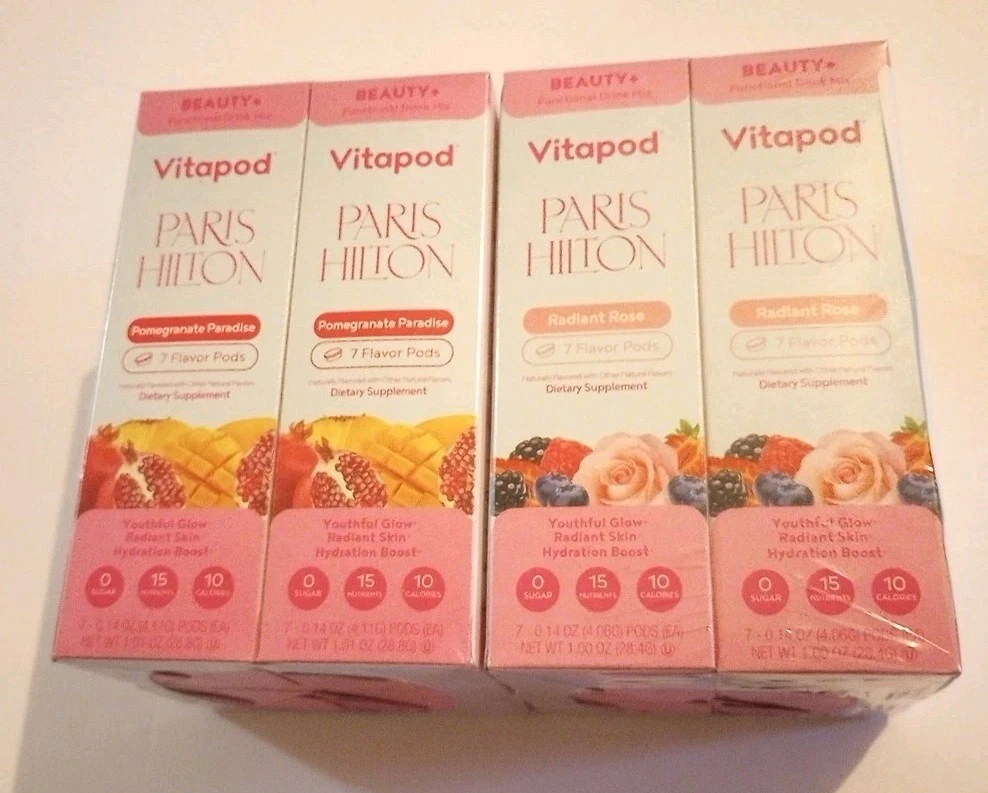 Paris Hilton Vitapod Pomegranate Paradise And Radiant Rose Pods- 4 Boxes Of Each