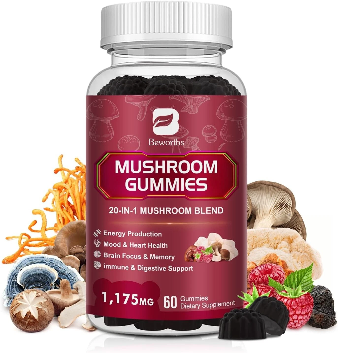 Super Mushroom Complex Gummies, 20-IN-1 Lion's Mane Supplement Gummies - Mush...