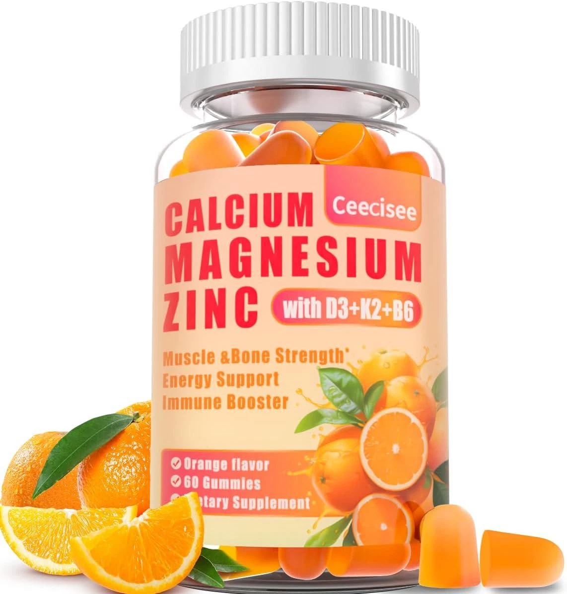 Calcium Magnesium Zinc Gummies with D3 and B6 and K2,1000mg Calcium Gummies with