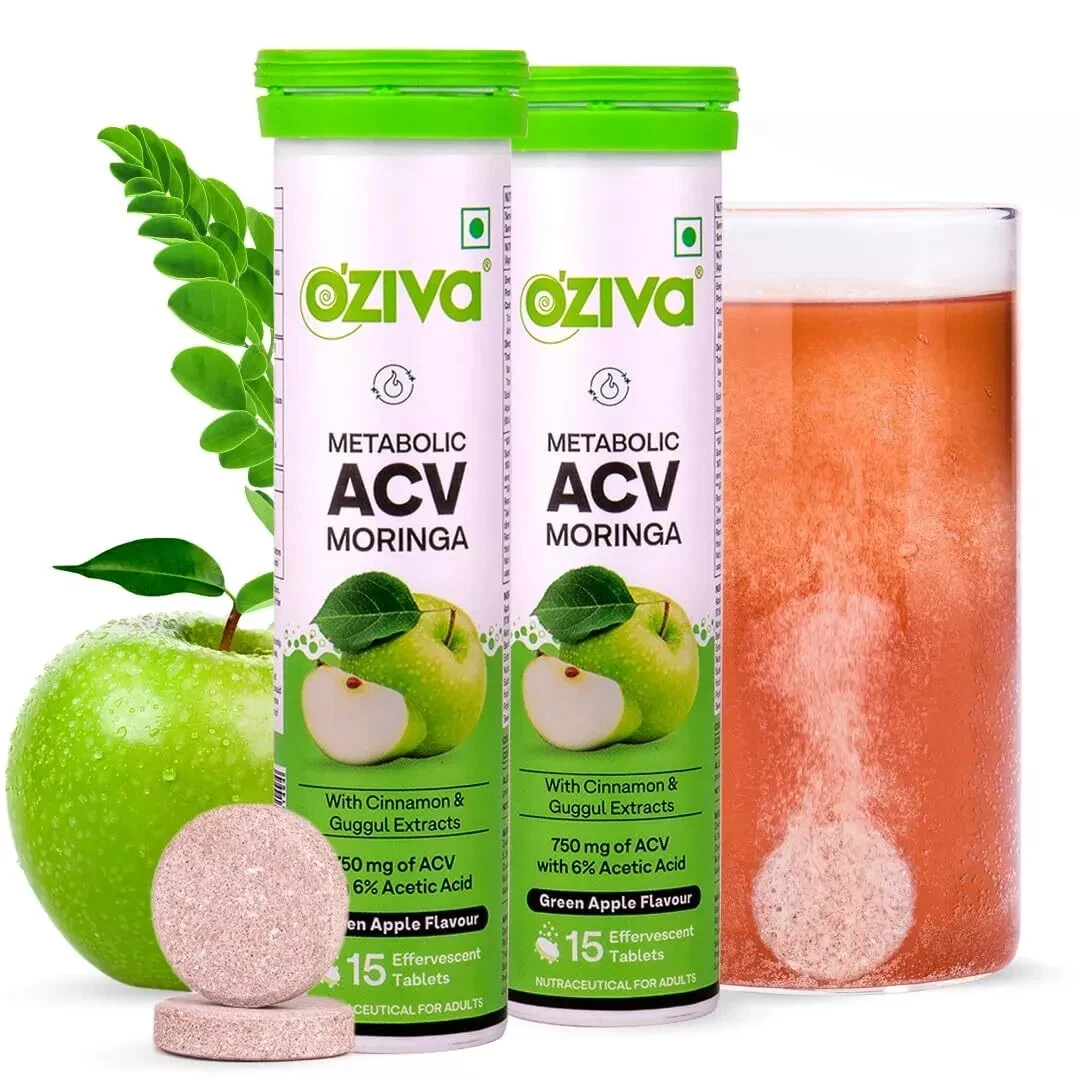 OZiva ACV Moringa For Weight Loss Effervescent Tablets Green Apple (Pack of 2)